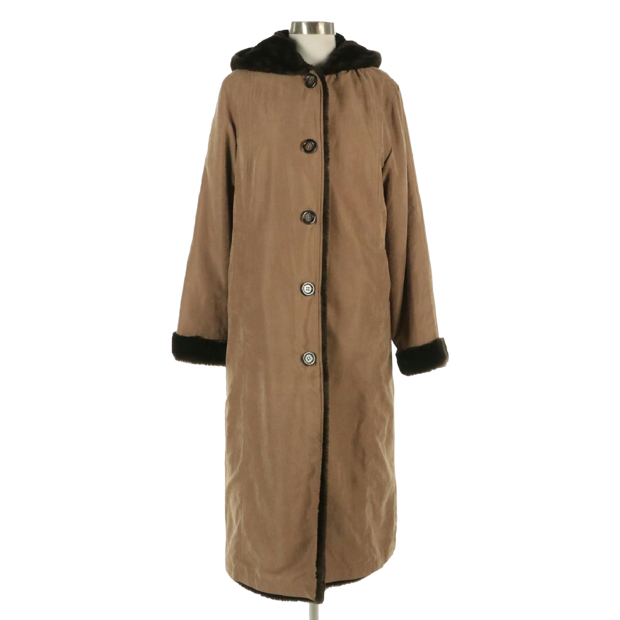 Reversible Brown Faux Fur and Polyester Hooded Long Coat