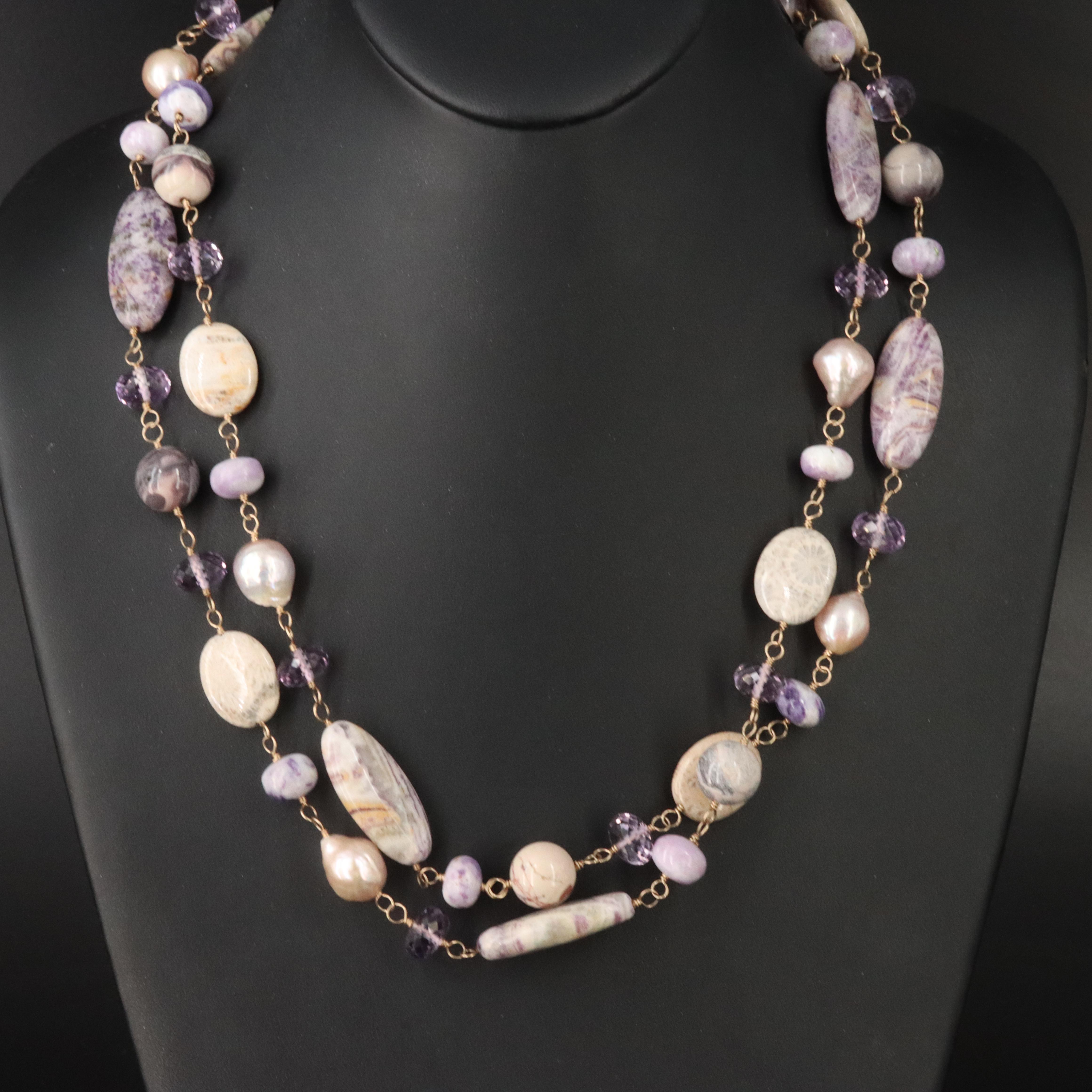 Sheryl Lowe Amethyst, Fossilized Coral and Pearl  Necklace with 14K Clasp