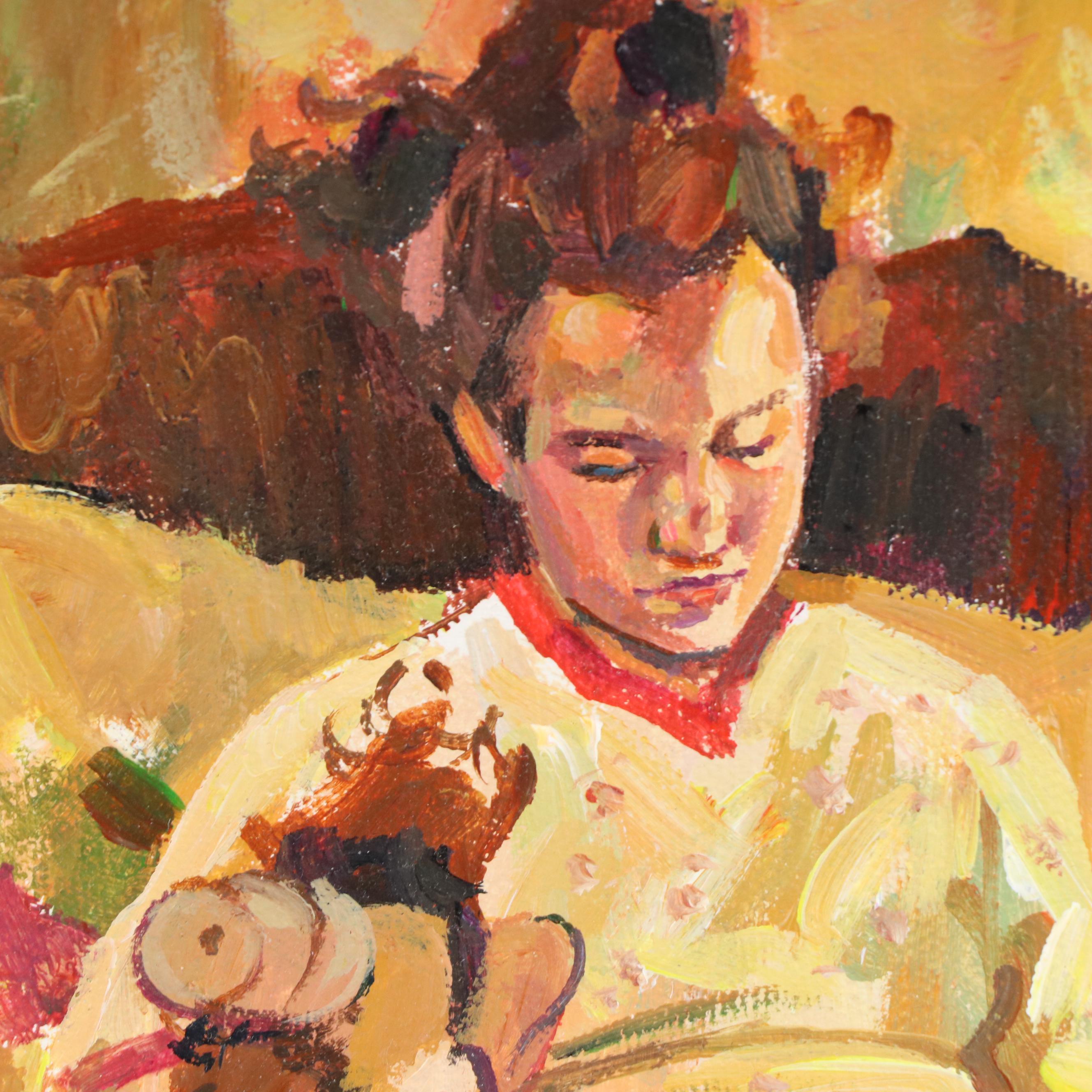 Frank Sofo Oil Painting "Daughter Reading to Her 'Alf' Pet," 2003