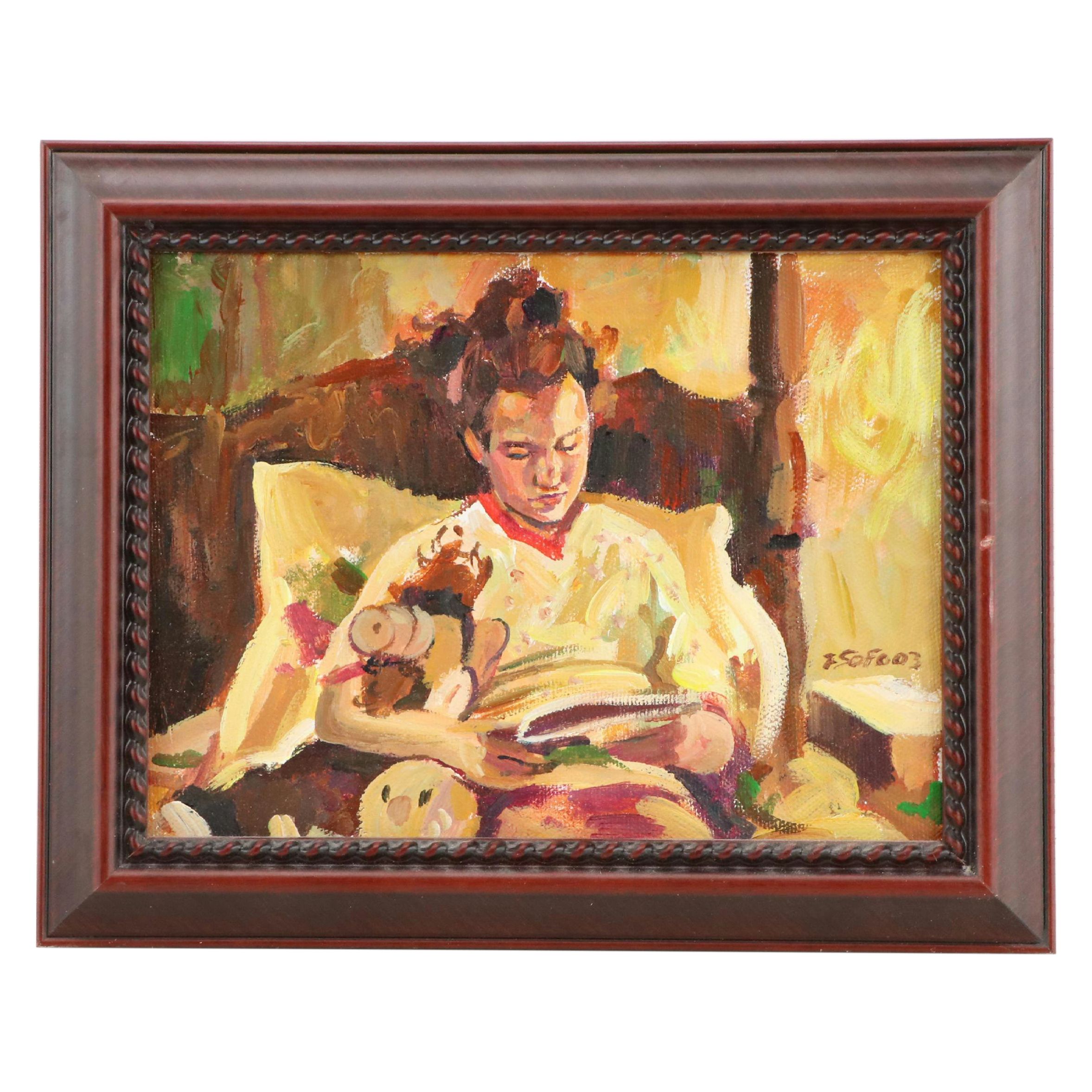 Frank Sofo Oil Painting "Daughter Reading to Her 'Alf' Pet," 2003