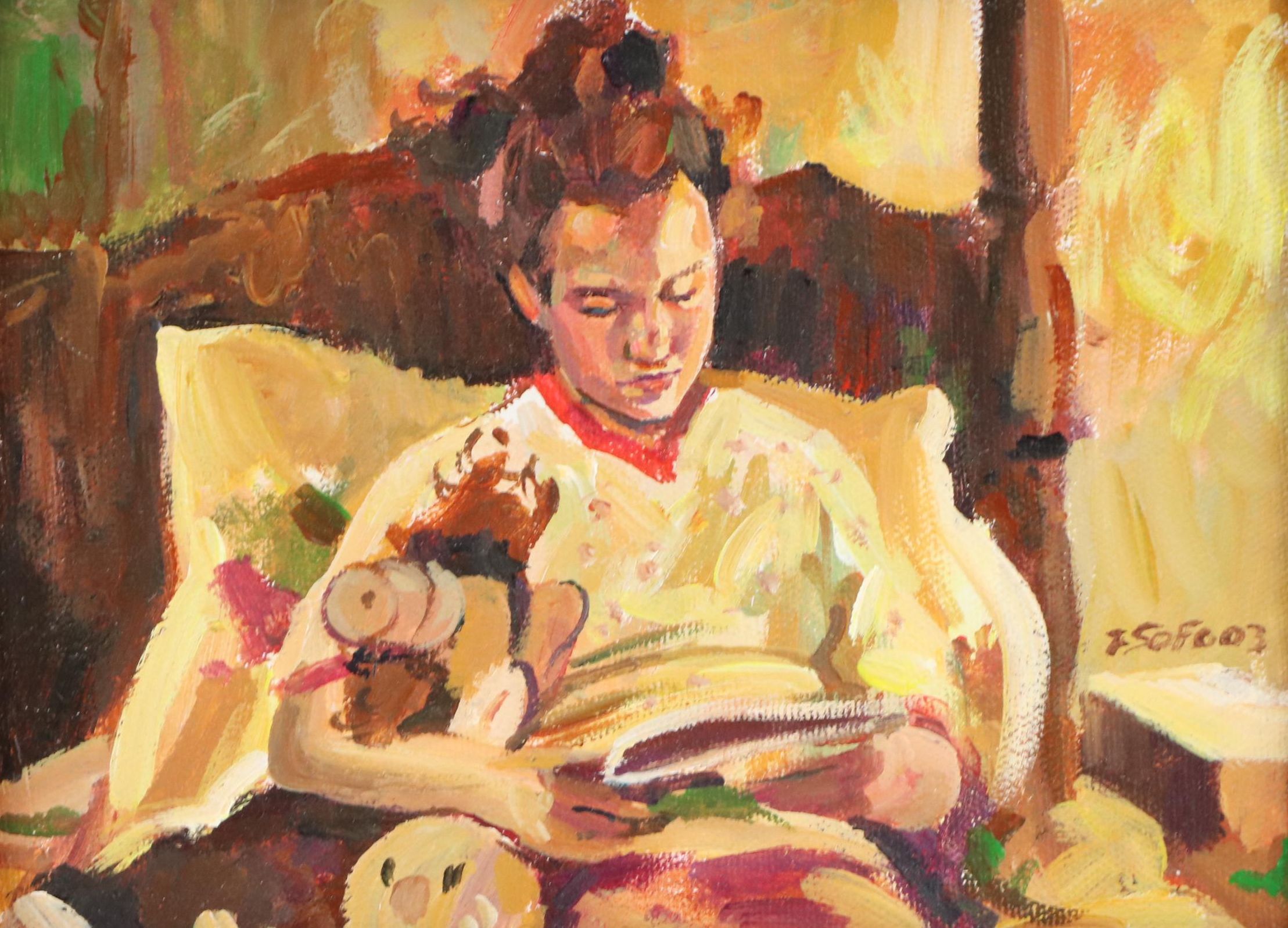 Frank Sofo Oil Painting "Daughter Reading to Her 'Alf' Pet," 2003