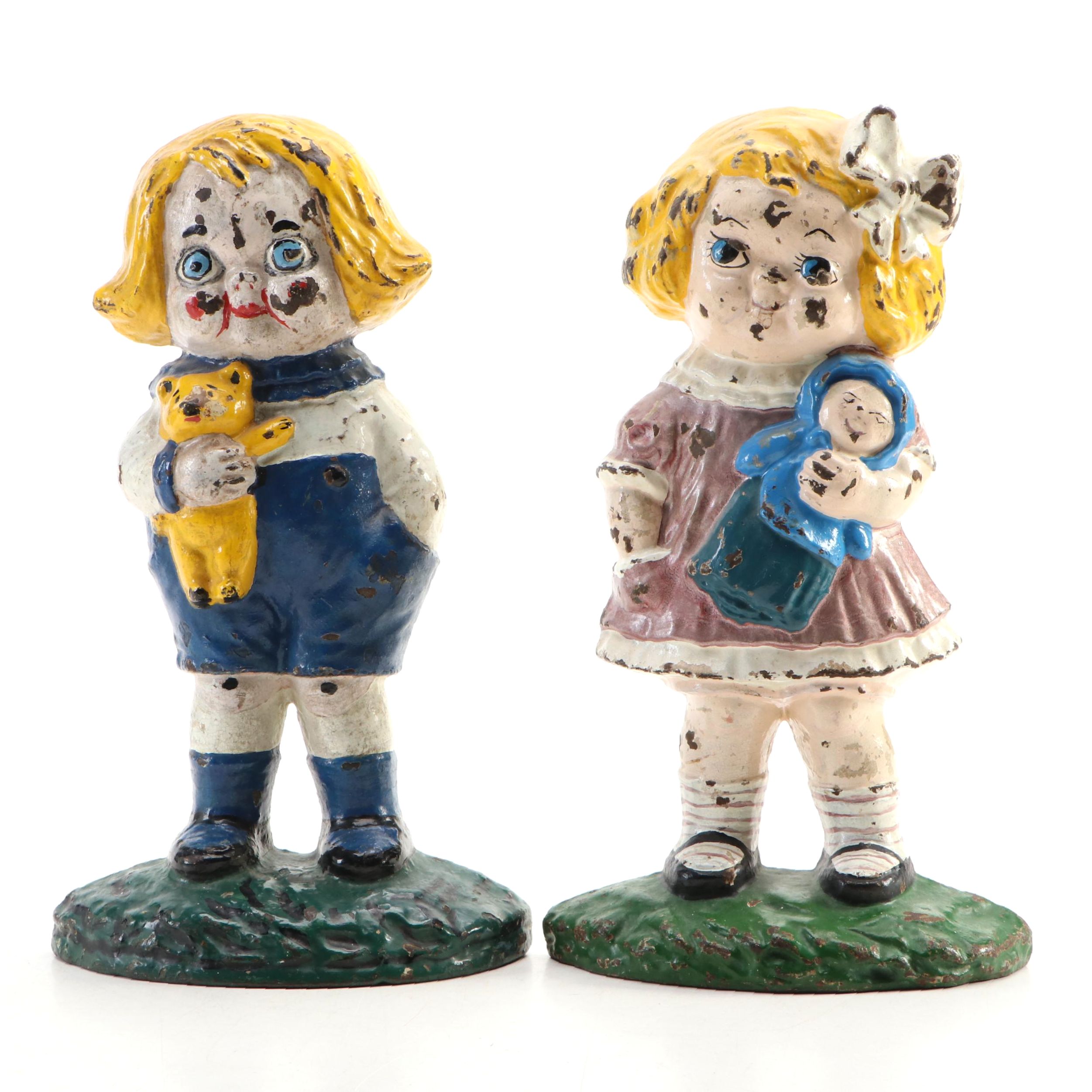 Hubley "Dolly Dingle" with "Bobby Blake" Cast Iron Doorstops, Early/Mid-20th C.