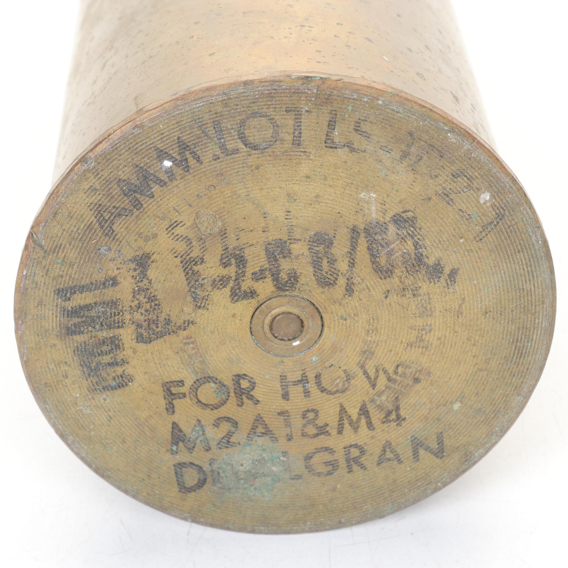 World War II Era Brass 105MM Artillery Shell Casing, Mid 20th Century