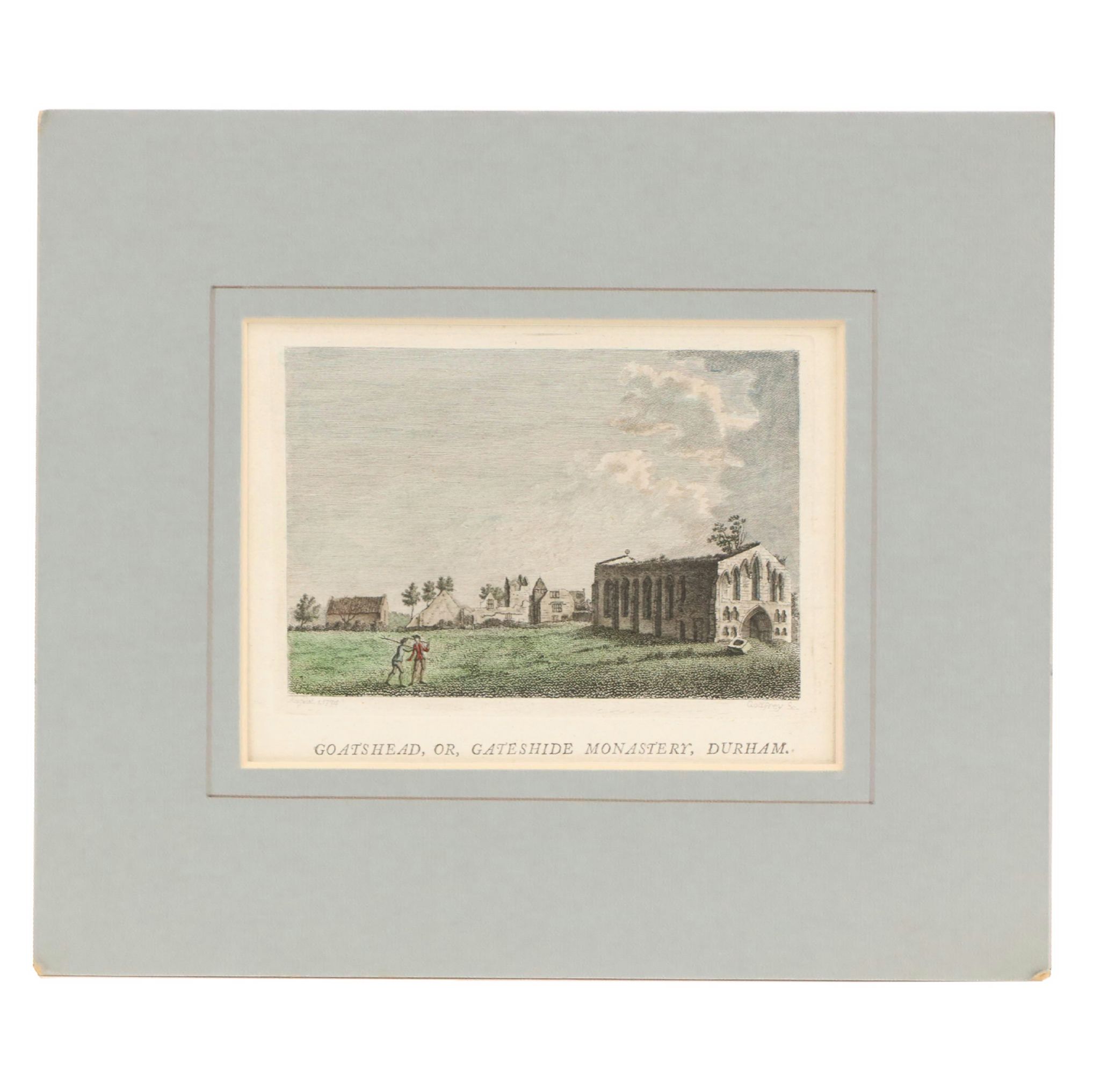 Hand-Colored Engraving of Goatshead Monastery, Durham, Late 18th Century