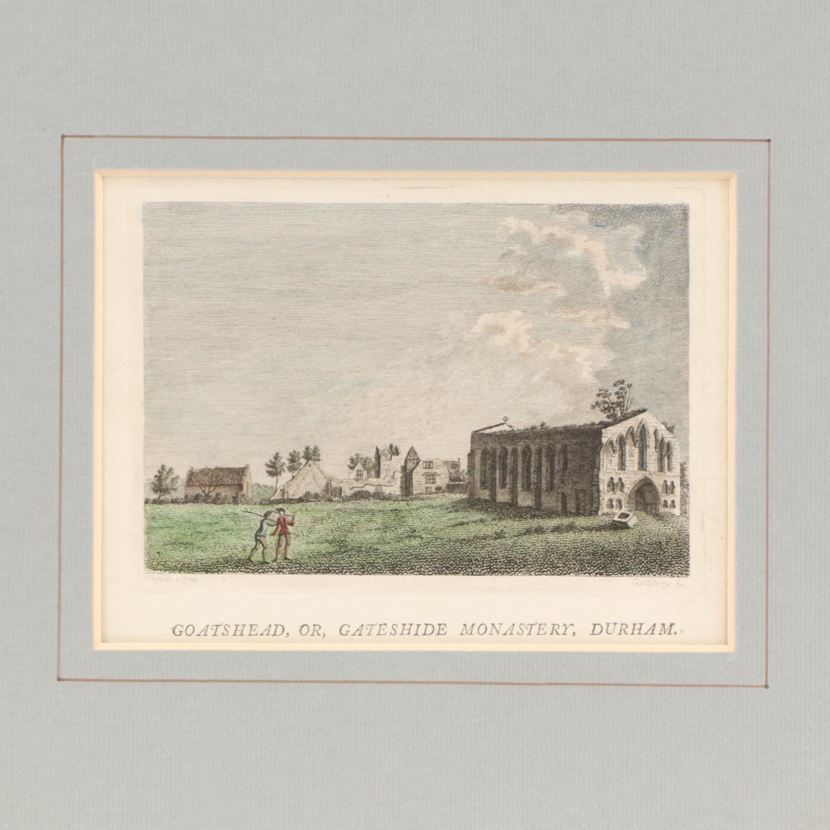 Hand-Colored Engraving of Goatshead Monastery, Durham, Late 18th Century
