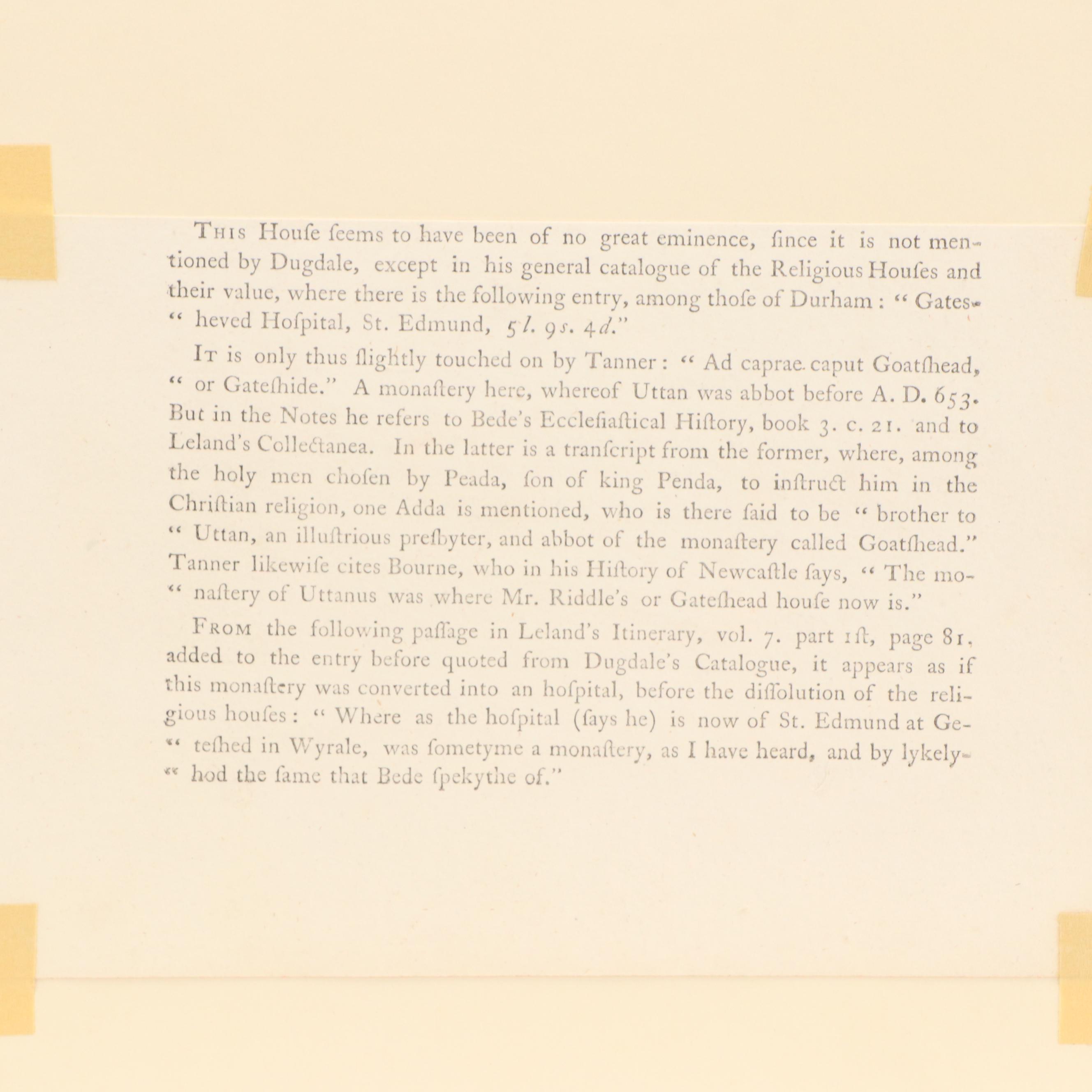 Hand-Colored Engraving of Goatshead Monastery, Durham, Late 18th Century