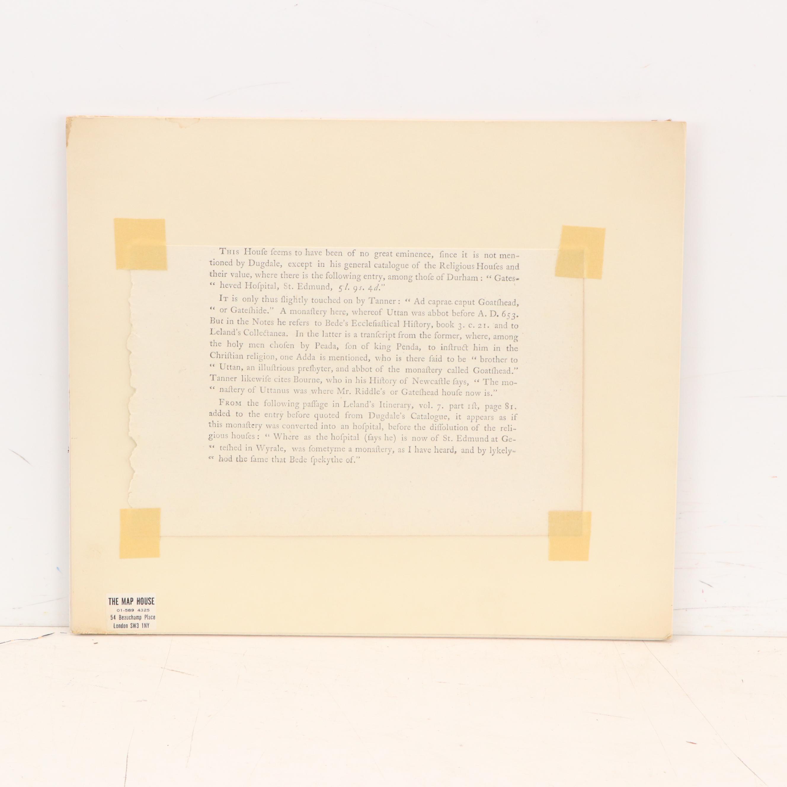 Hand-Colored Engraving of Goatshead Monastery, Durham, Late 18th Century