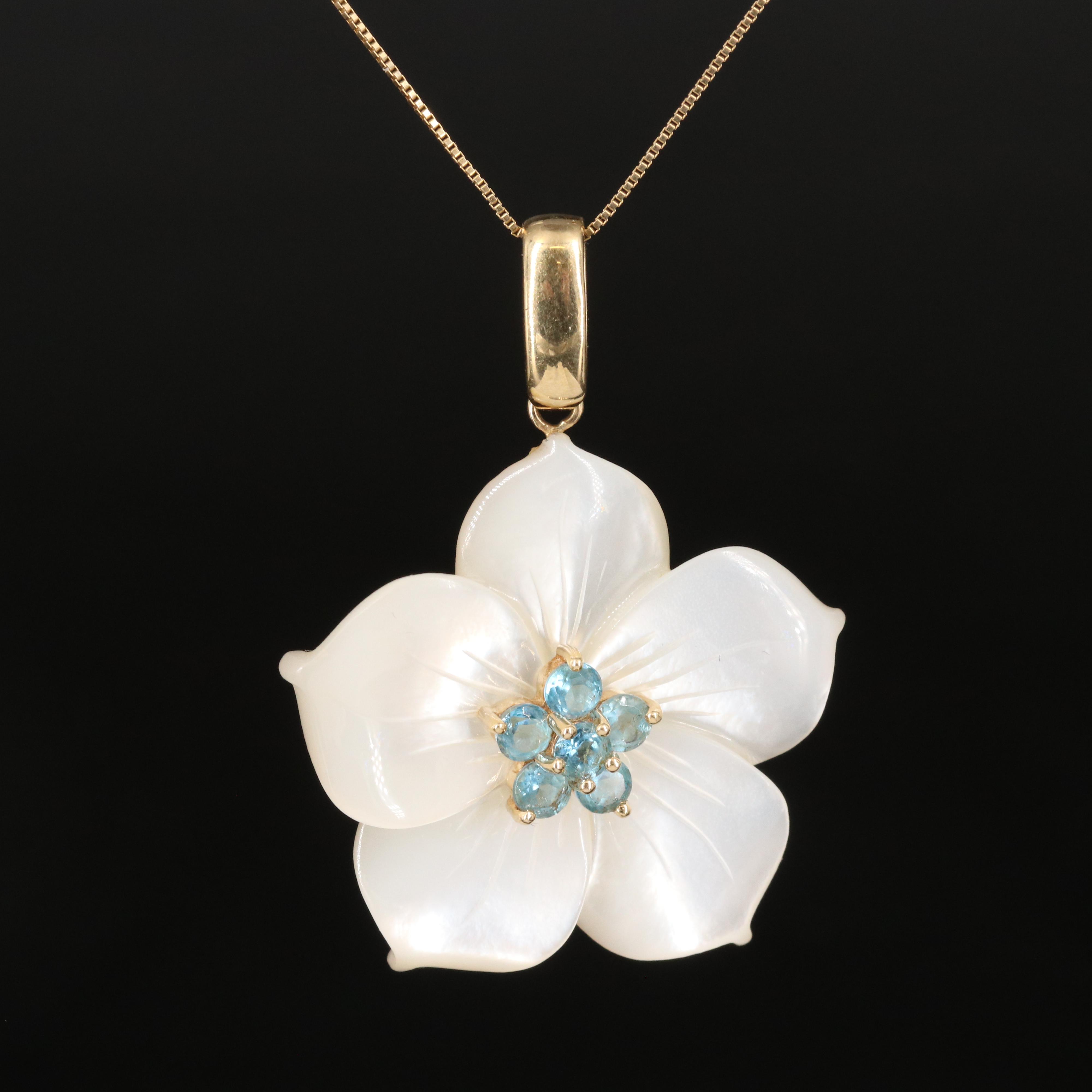 14K Topaz and Mother-of-Pearl Flower Pendant Necklace