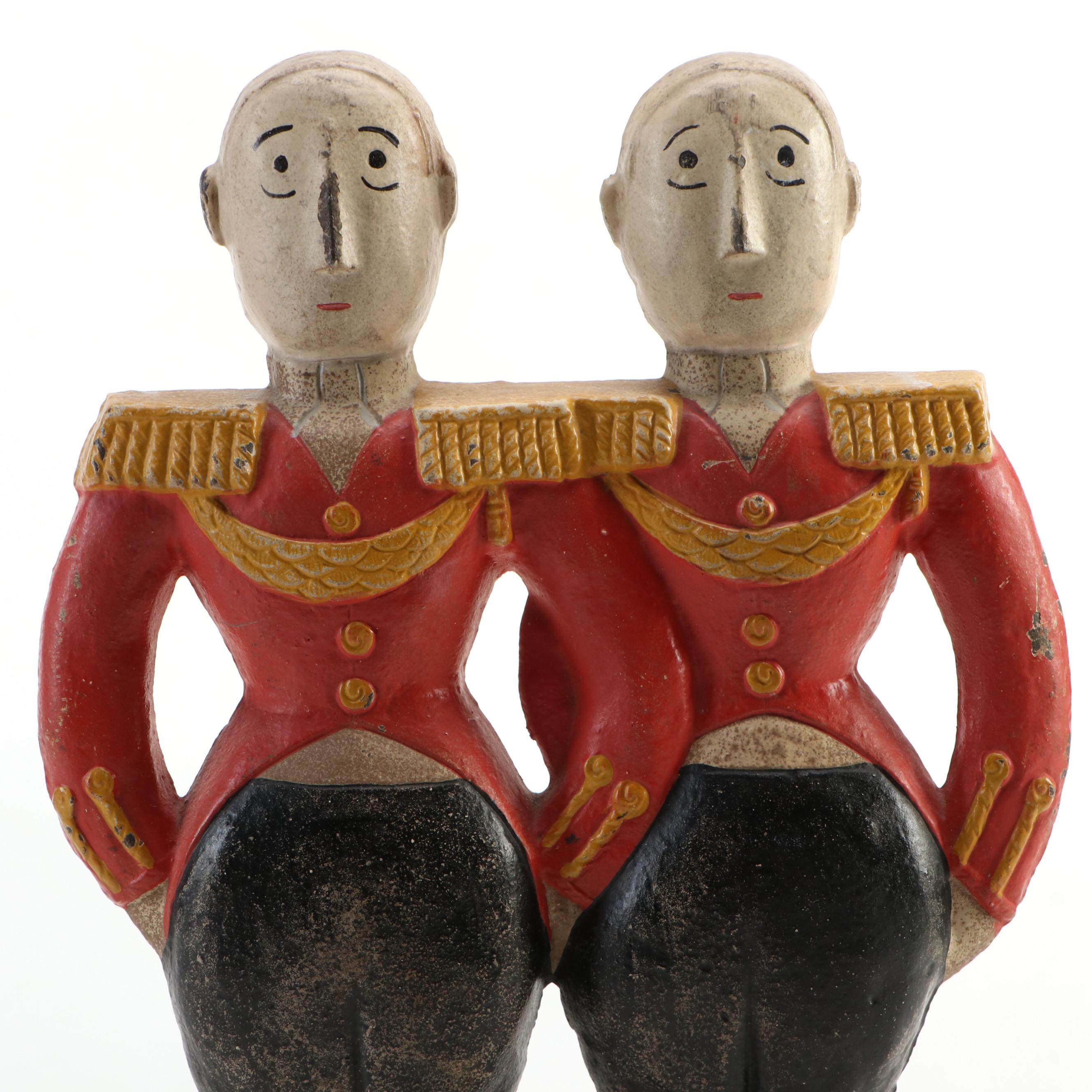 Hubley Anne Fish Painted Cast Iron Double Footmen Doorstop, Early to Mid-20th C.
