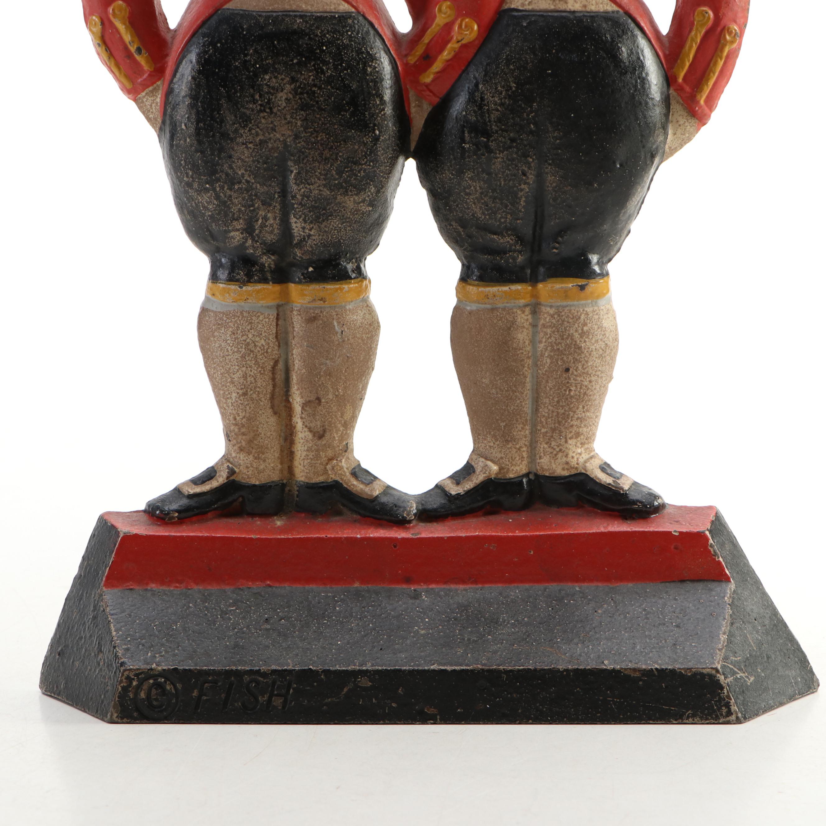 Hubley Anne Fish Painted Cast Iron Double Footmen Doorstop, Early to Mid-20th C.