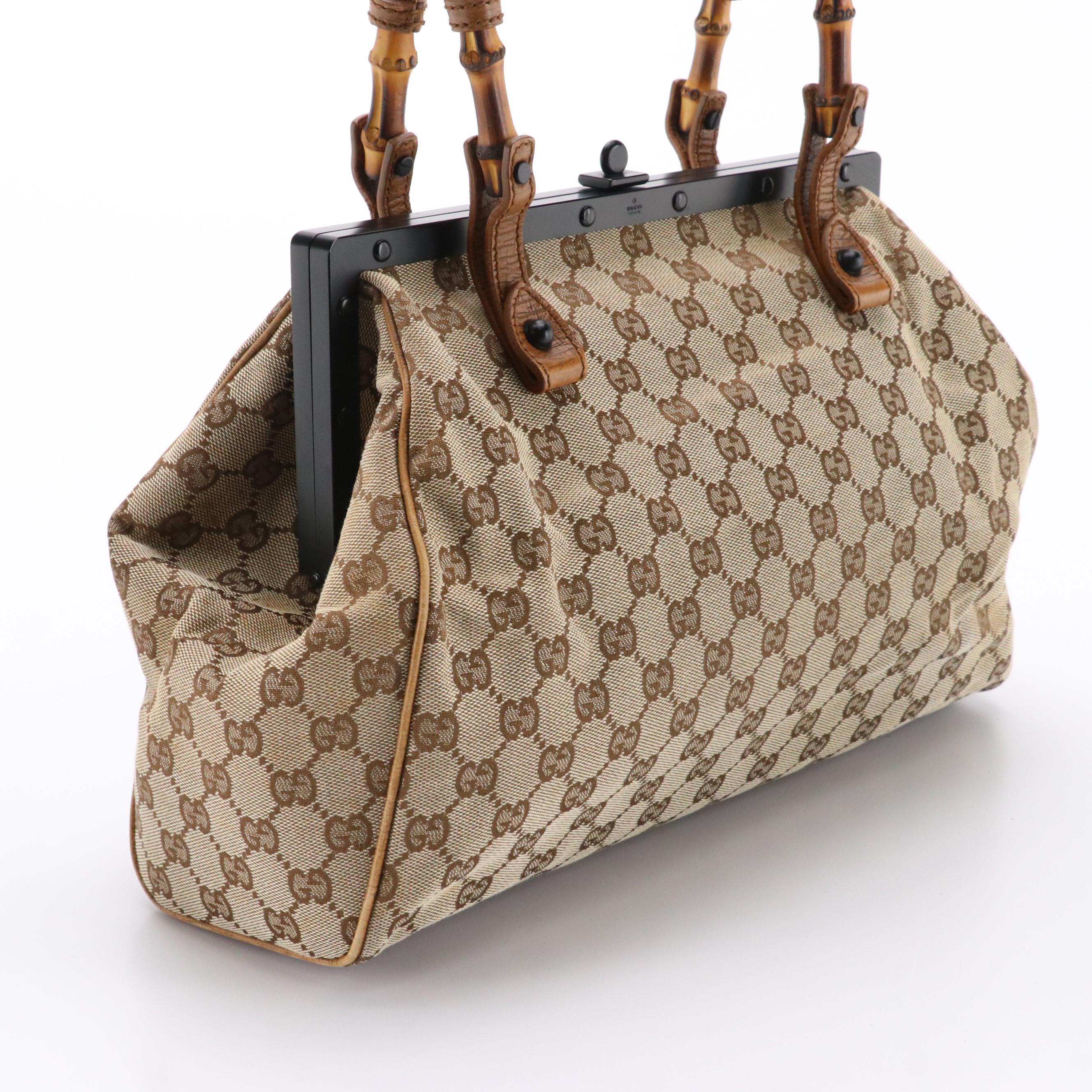 Gucci GG Canvas and Textured Leather Frame Bag with Bamboo Trim Handles