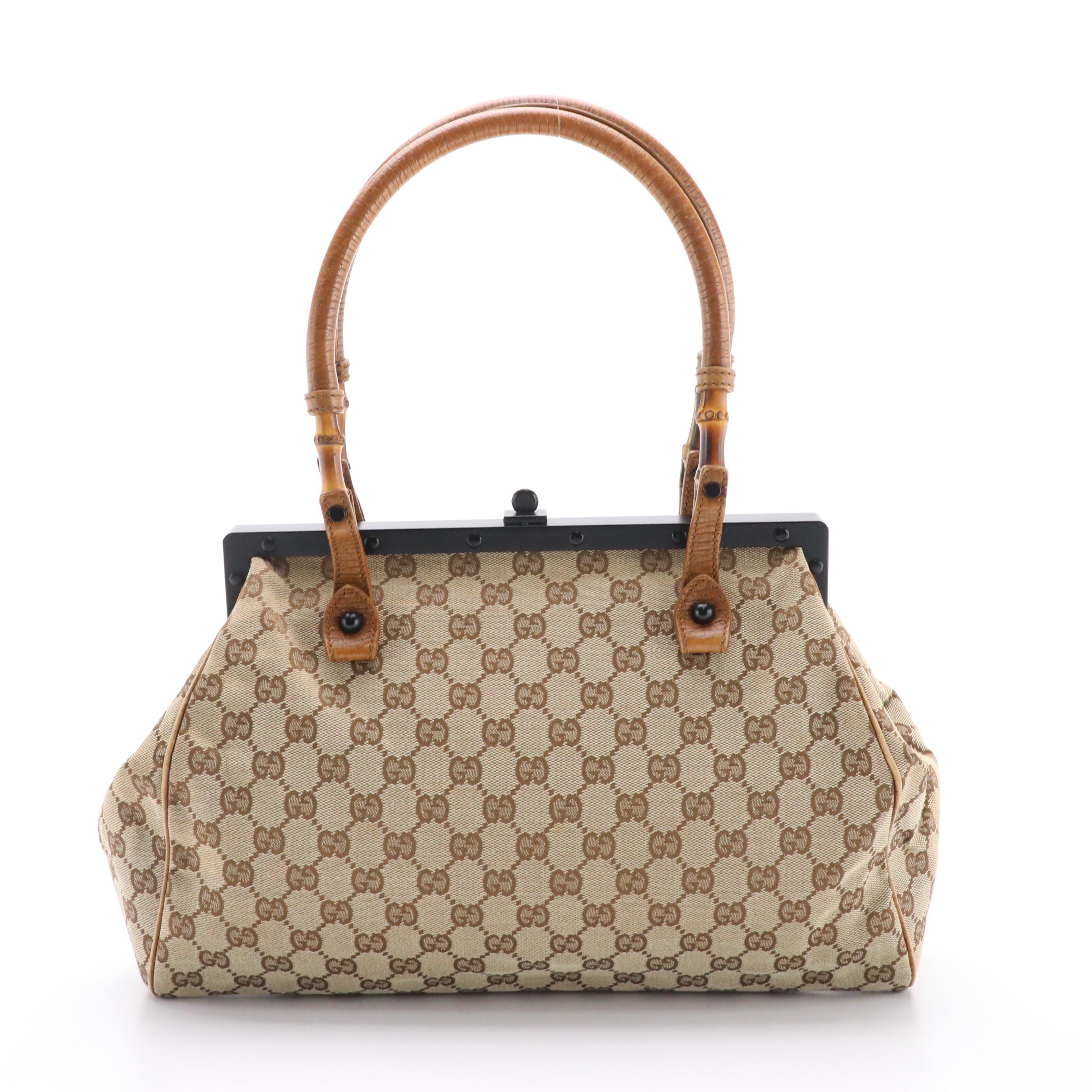 Gucci GG Canvas and Textured Leather Frame Bag with Bamboo Trim Handles