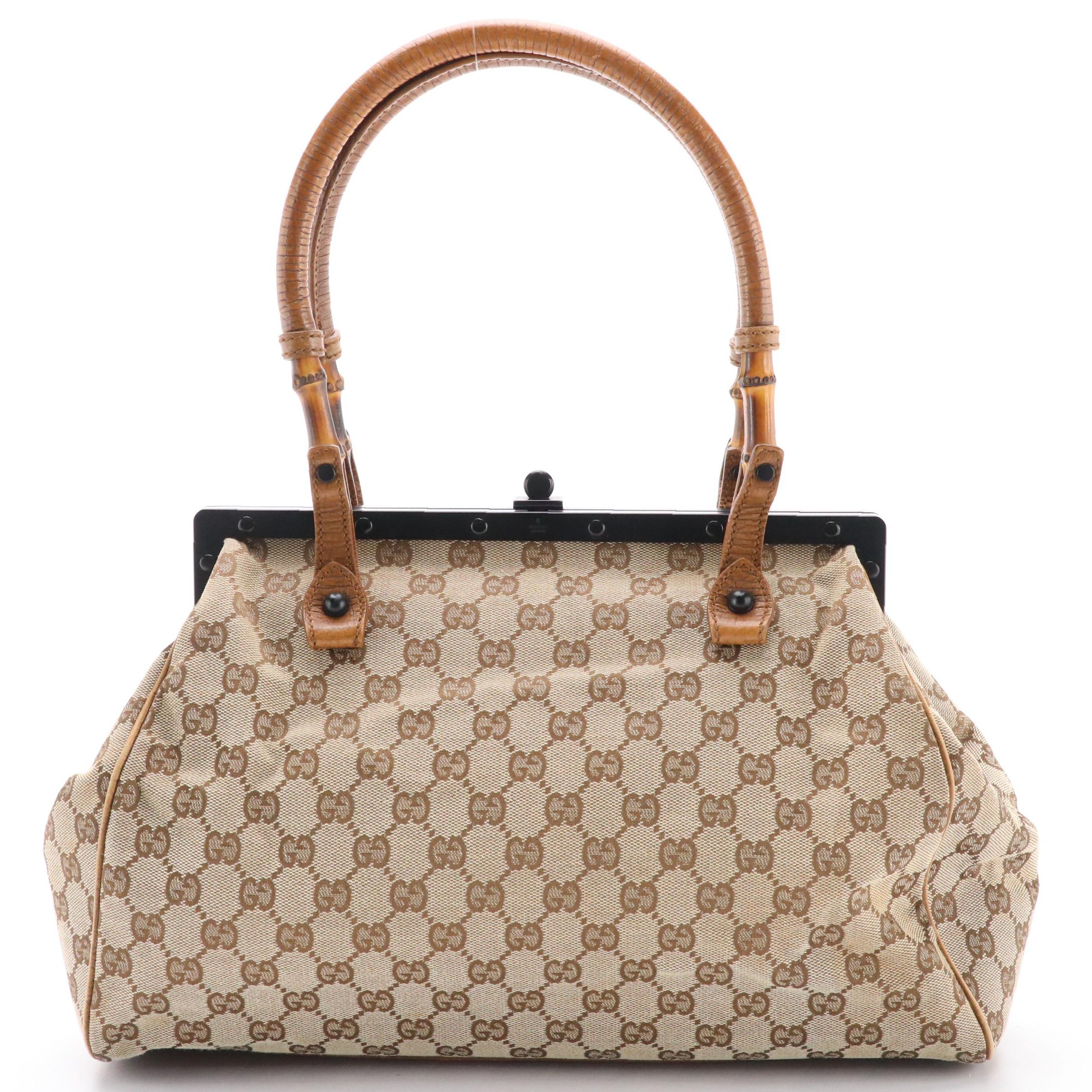 Gucci GG Canvas and Textured Leather Frame Bag with Bamboo Trim Handles