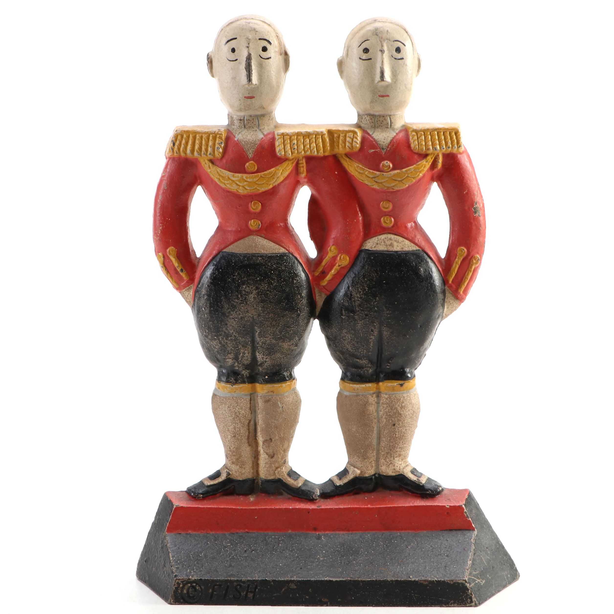Hubley Anne Fish Painted Cast Iron Double Footmen Doorstop, Early to Mid-20th C.