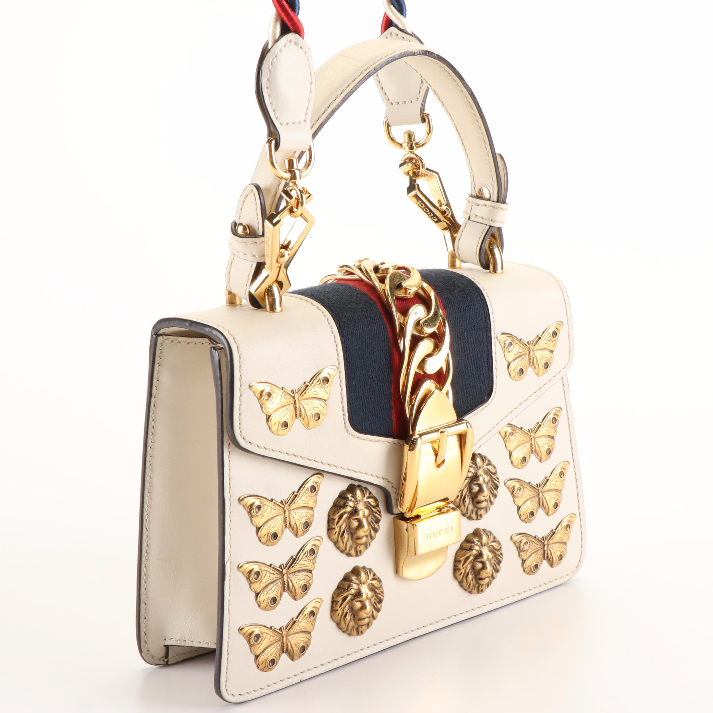Gucci Lions and Butterflies Studded Sylvie Top Handle Bag in White Calfskin