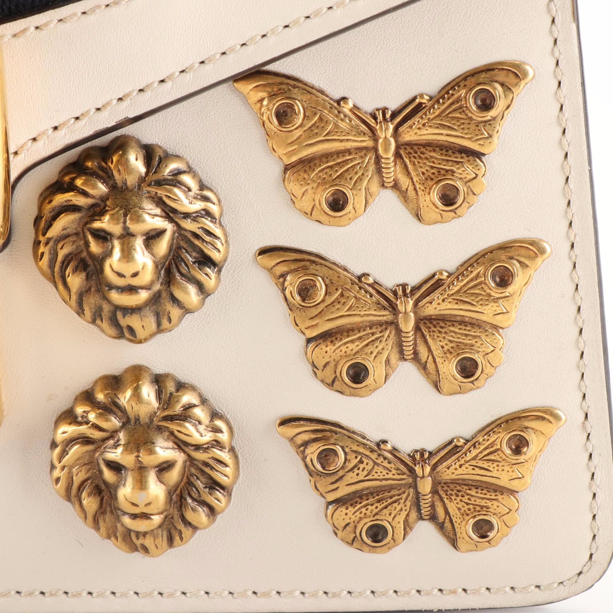 Gucci Lions and Butterflies Studded Sylvie Top Handle Bag in White Calfskin