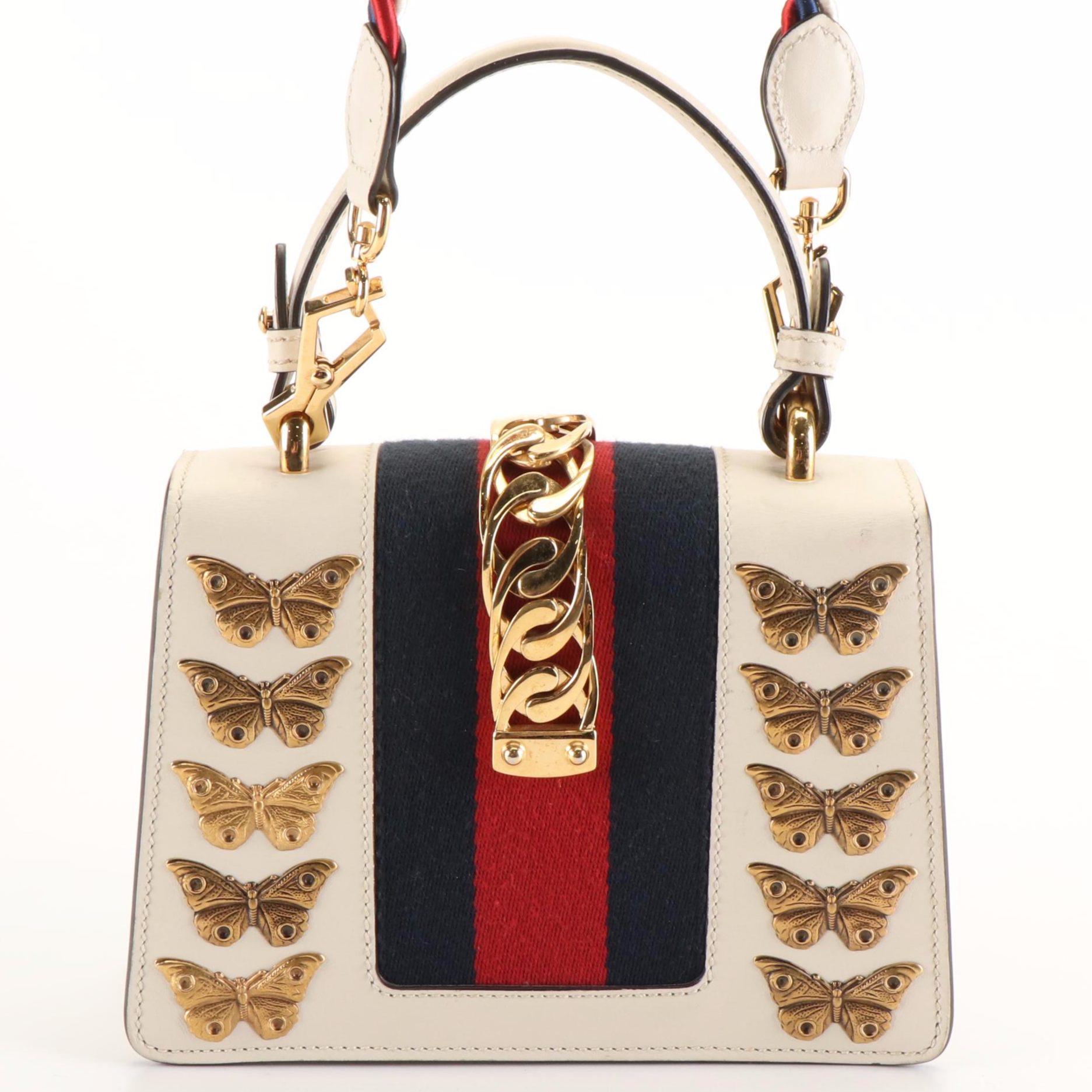 Gucci Lions and Butterflies Studded Sylvie Top Handle Bag in White Calfskin