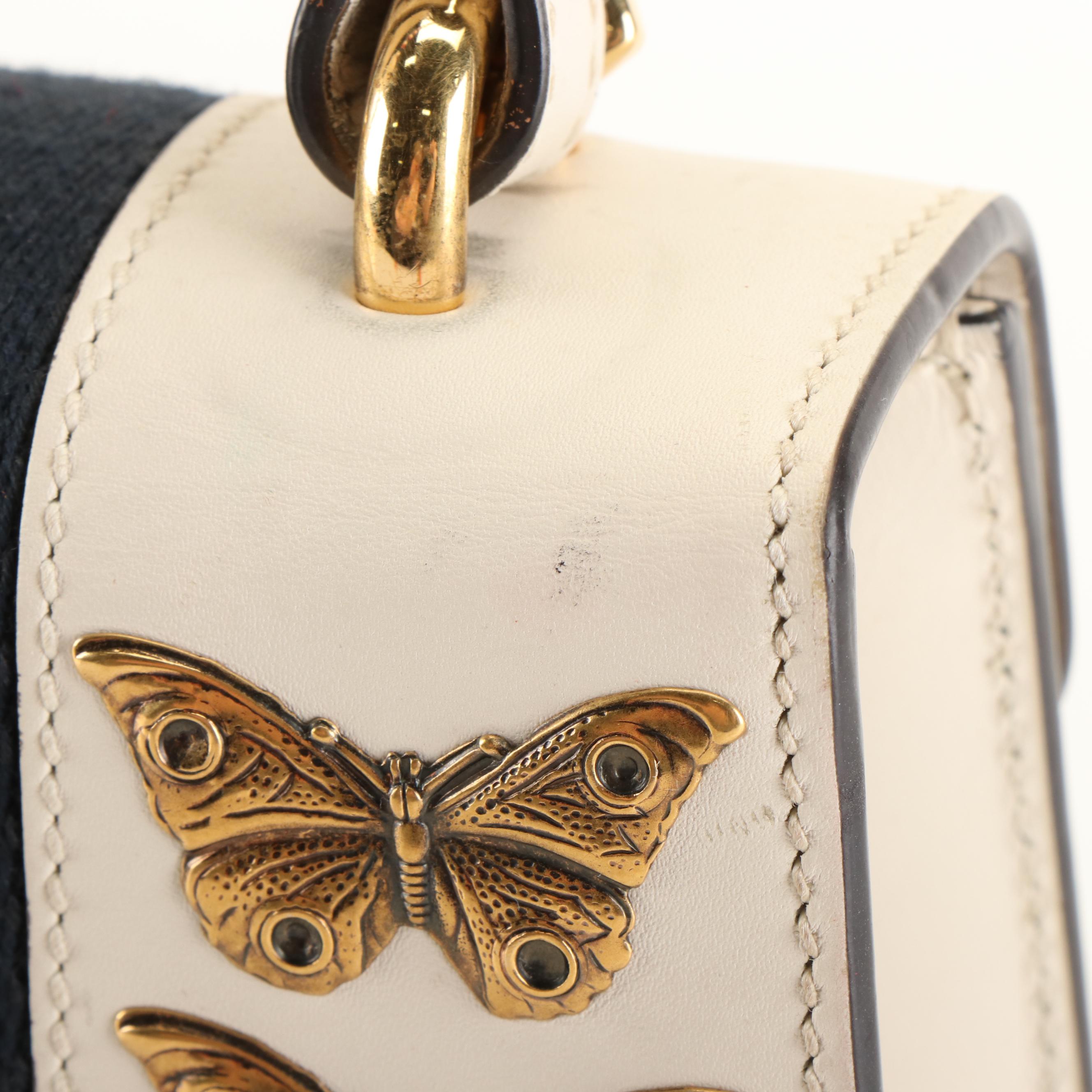 Gucci Lions and Butterflies Studded Sylvie Top Handle Bag in White Calfskin