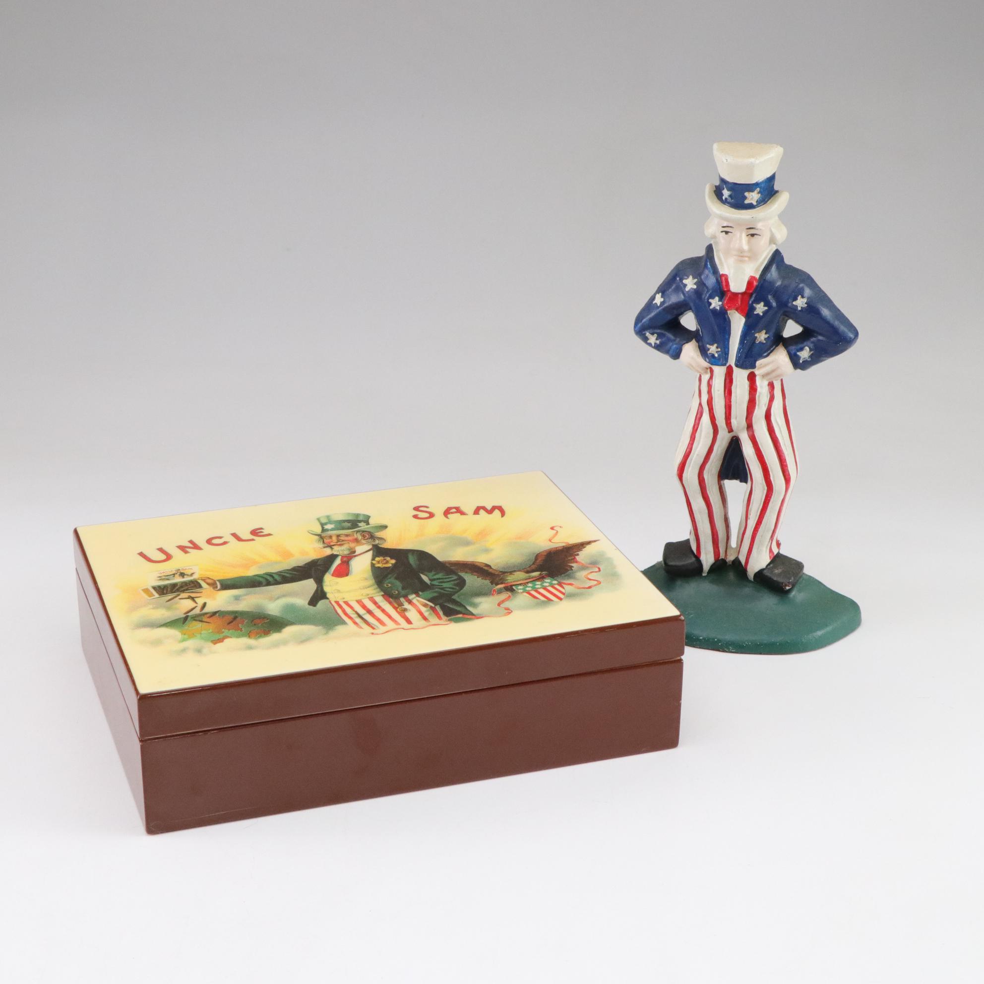 Uncle Sam Themed Cigar Box and Cast Iron Doorstop