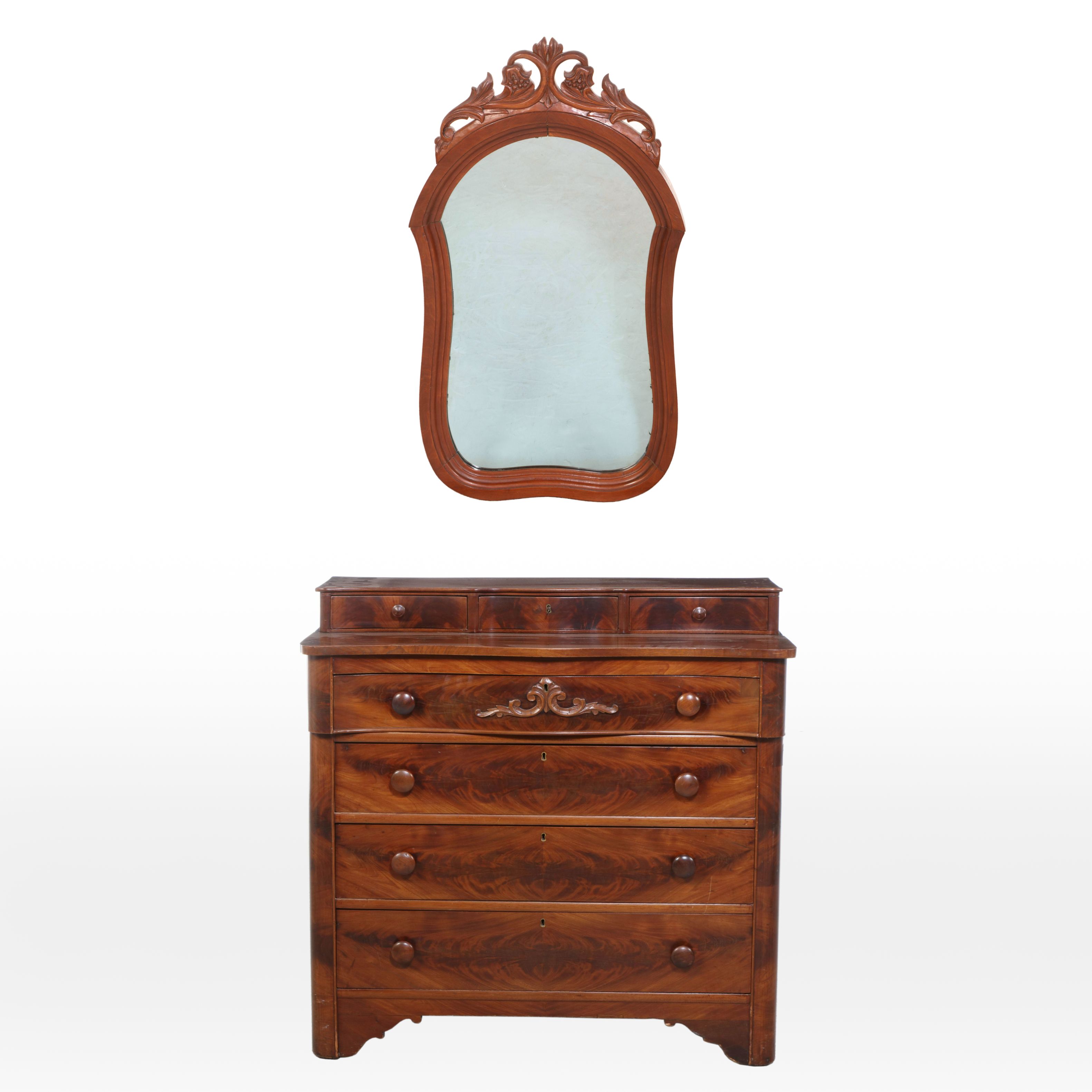 Victorian Matchbook Burled Veneer Chest of Drawers and Mirror