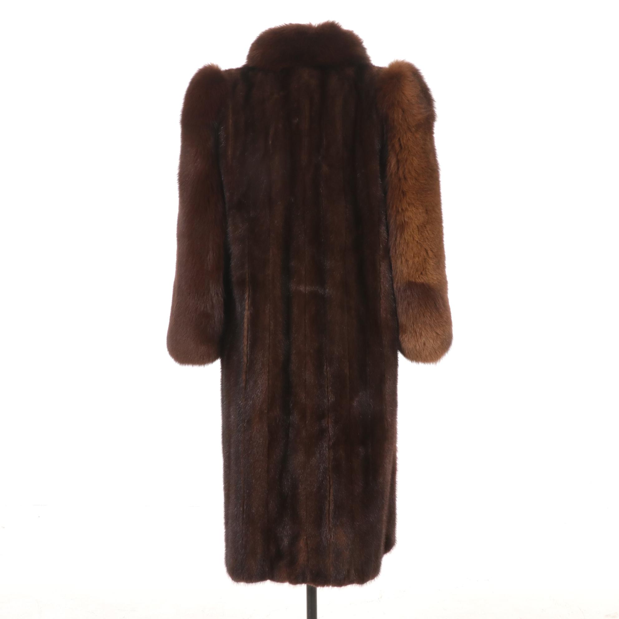 Canadian Mink Fur Coat with Fox Fur Sleeves and Tuxedo Collar