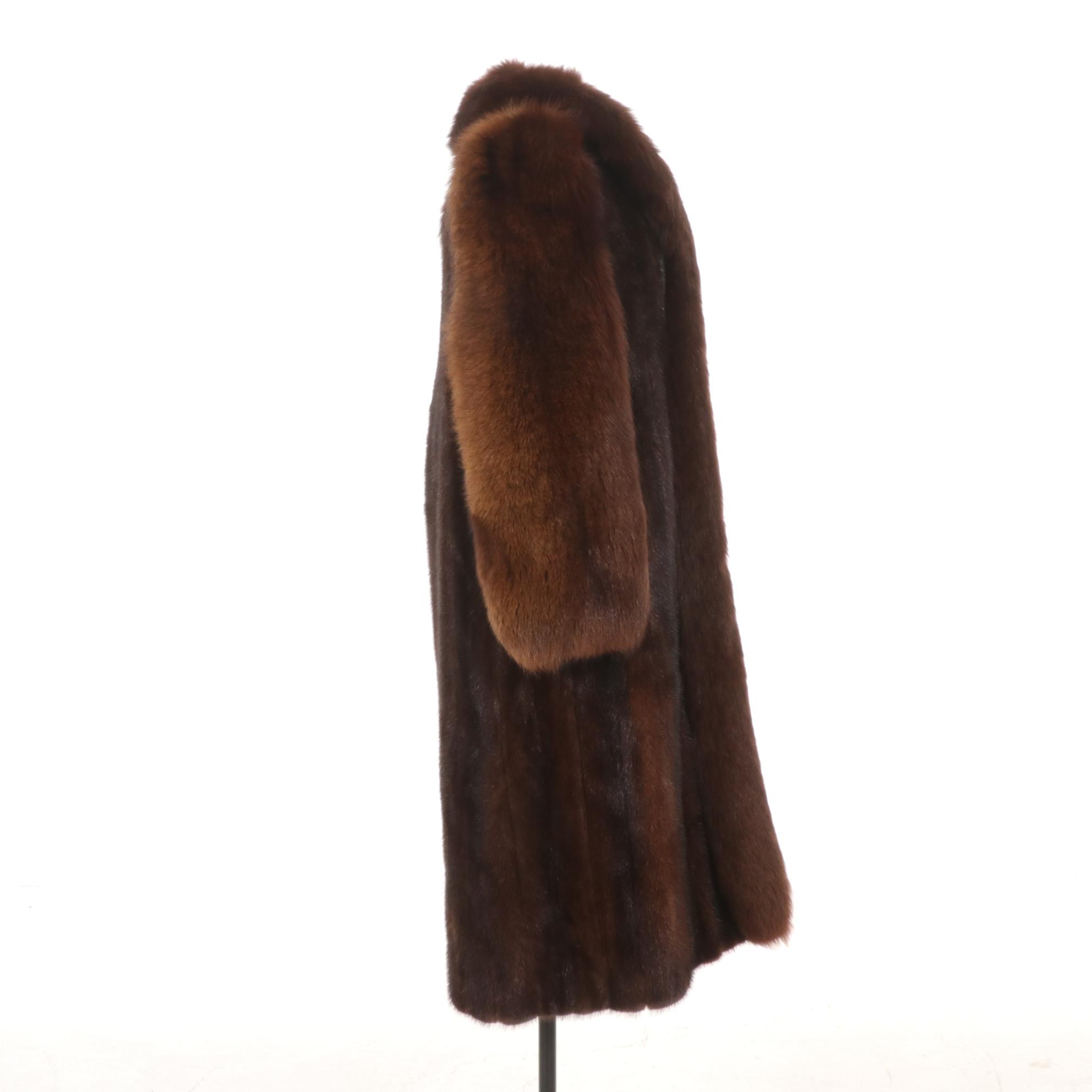 Canadian Mink Fur Coat with Fox Fur Sleeves and Tuxedo Collar
