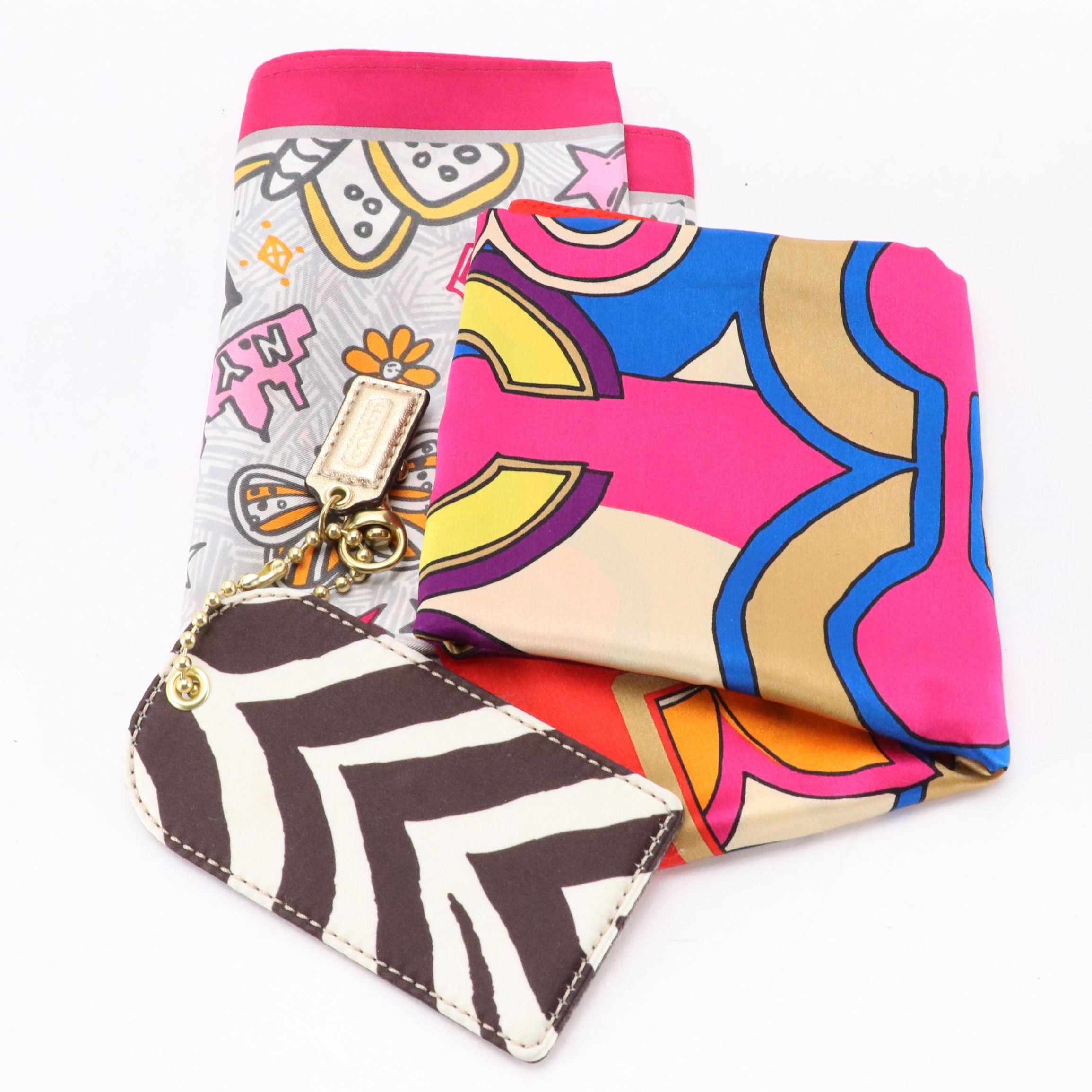 Coach Metallic Pop & Graffiti Poppy Print Scarves, Zebra Print Luggage Tag, NWT