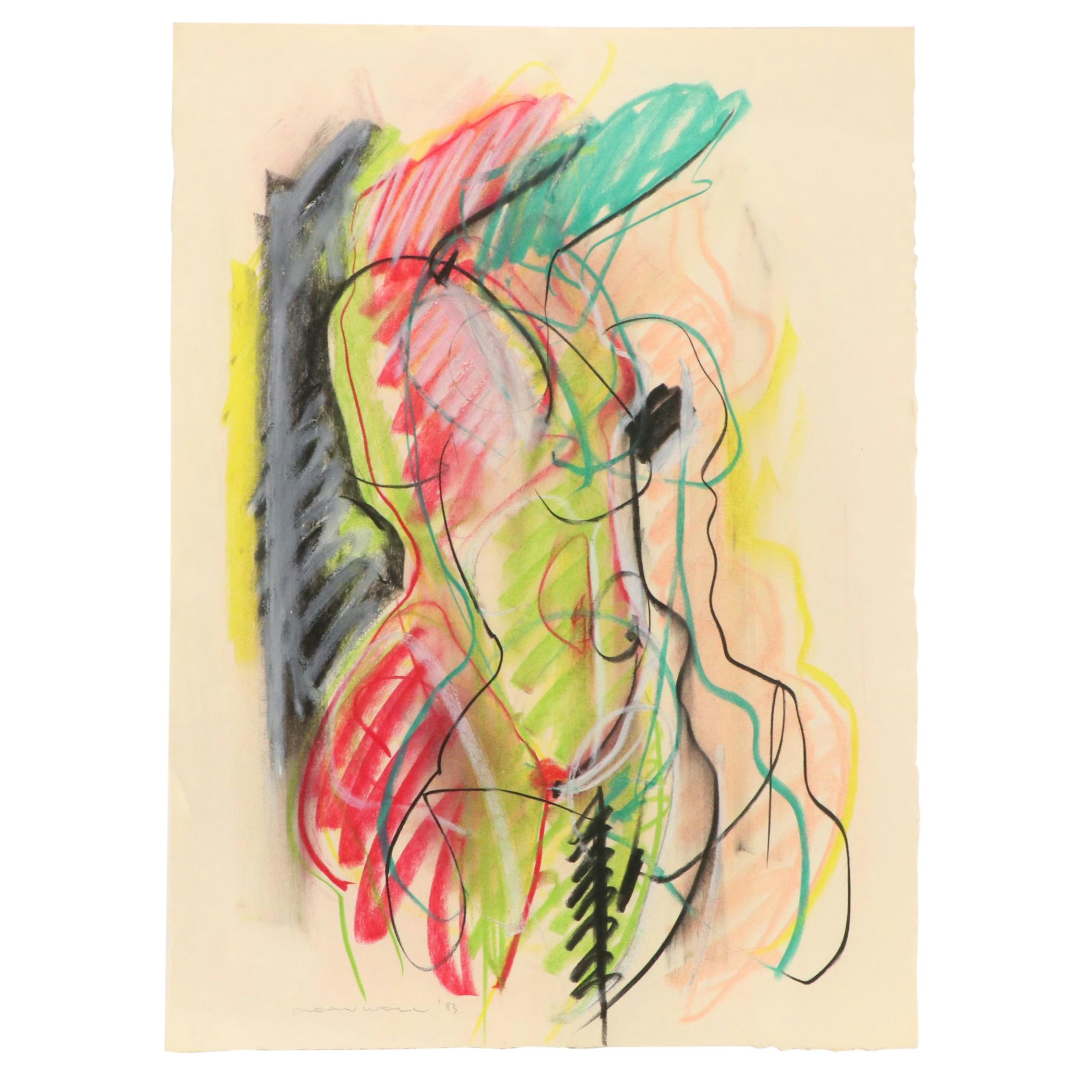 Jack Meanwell Abstract Figurative Mixed Media Drawing, 1983