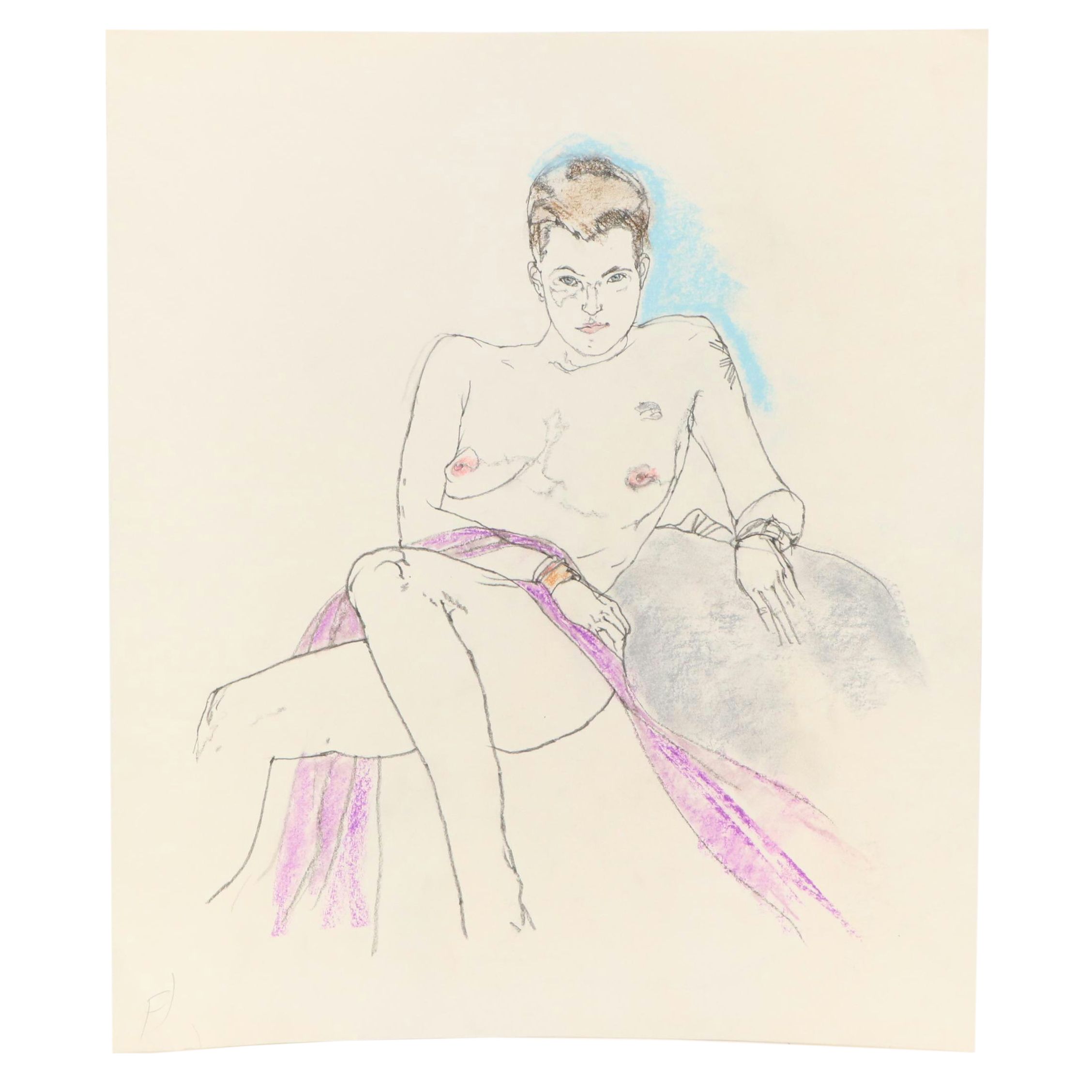 Paul Wagener Mixed Media Drawing of Figure Study, Late 20th Century