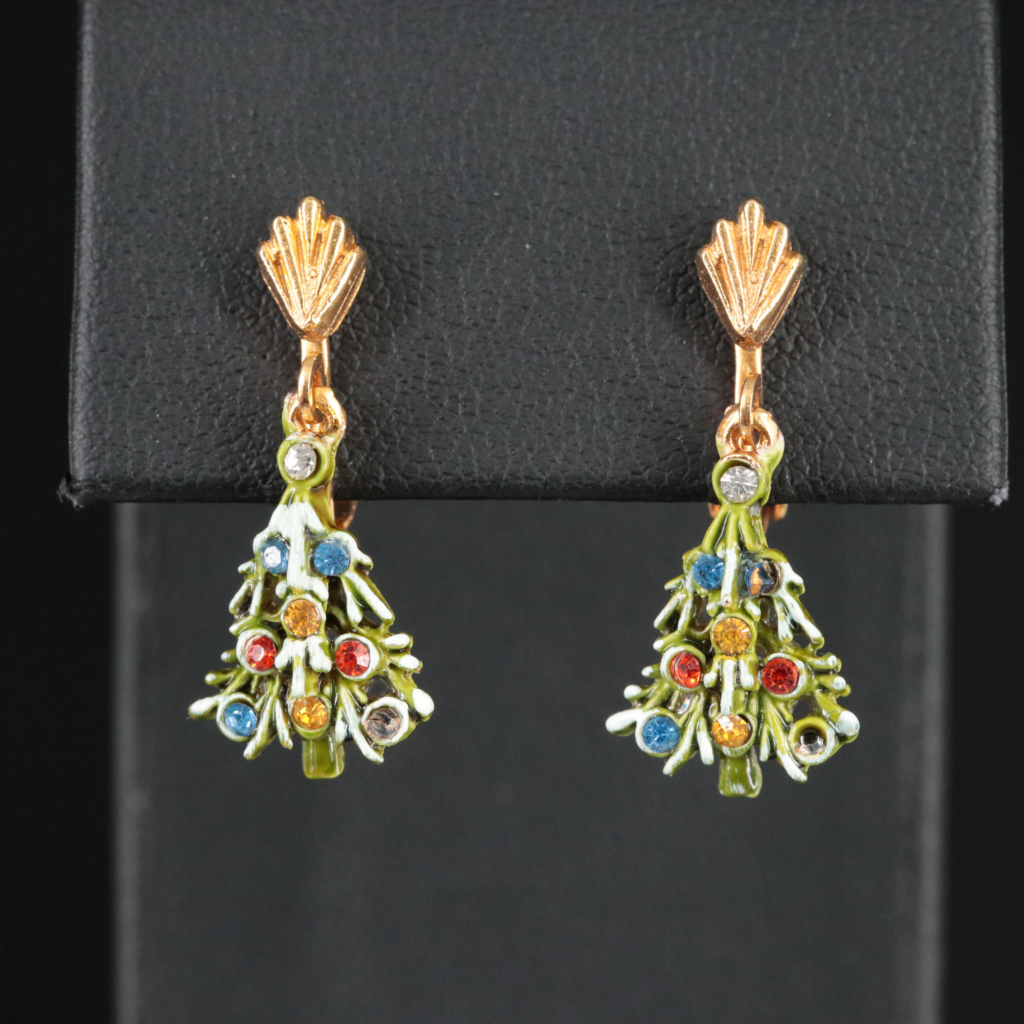 Christmas Tree Earrings Including Rhinestones and Enamel