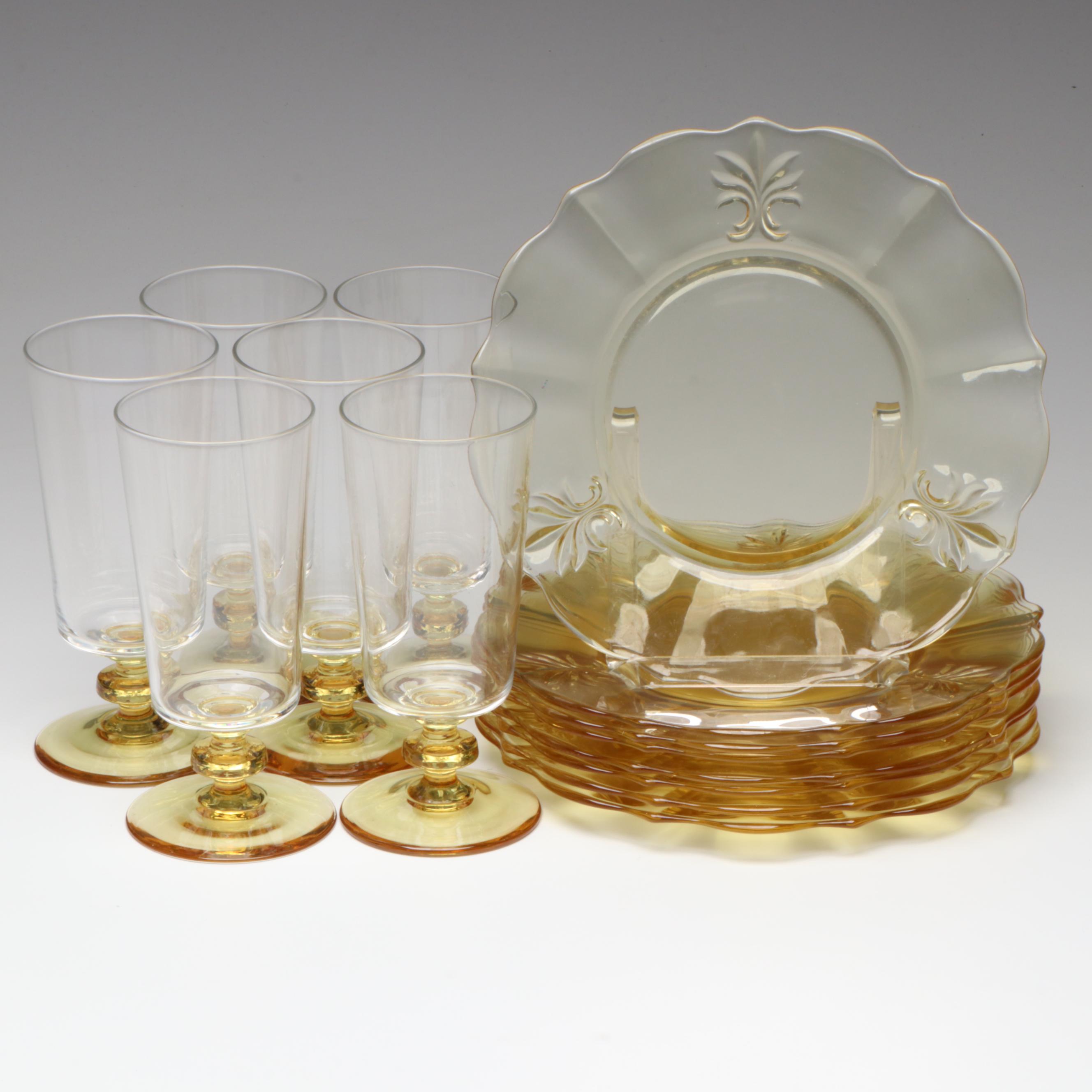 Fostoria "Baroque Topaz" Glass Luncheon Plates with Glass Ice Tea Glasses