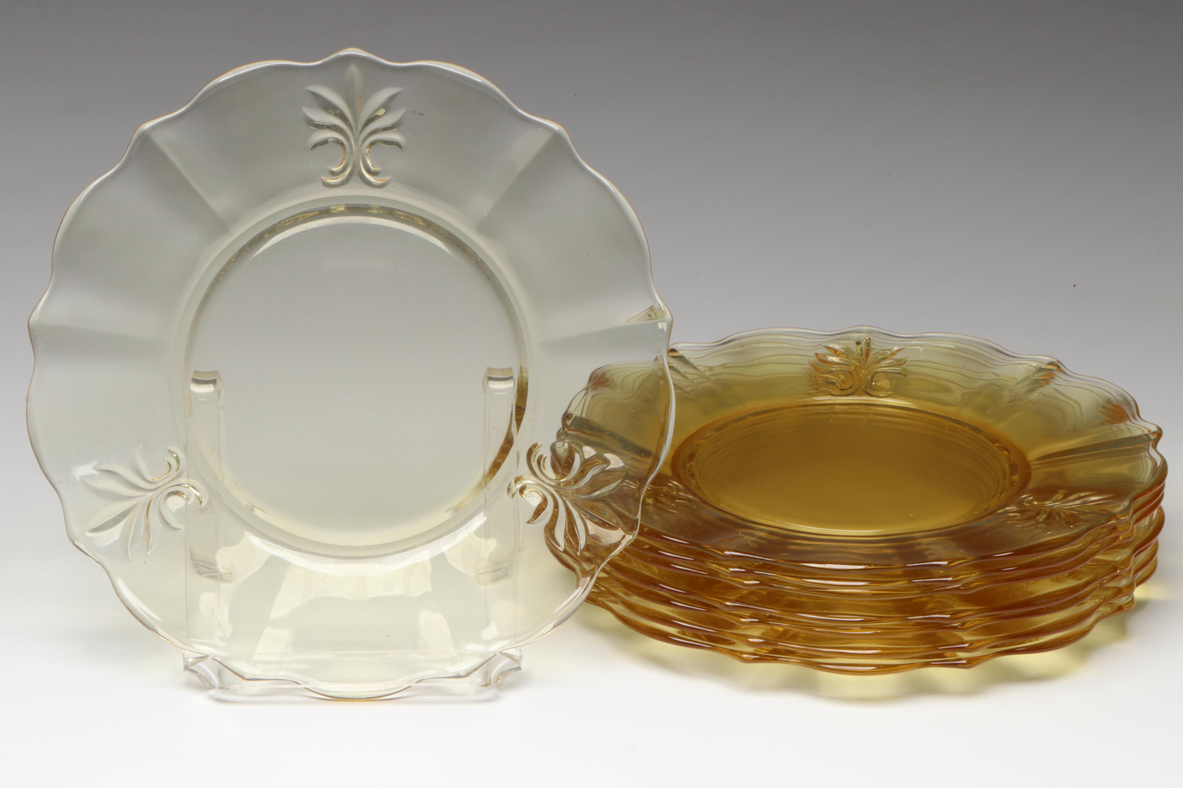 Fostoria "Baroque Topaz" Glass Luncheon Plates with Glass Ice Tea Glasses