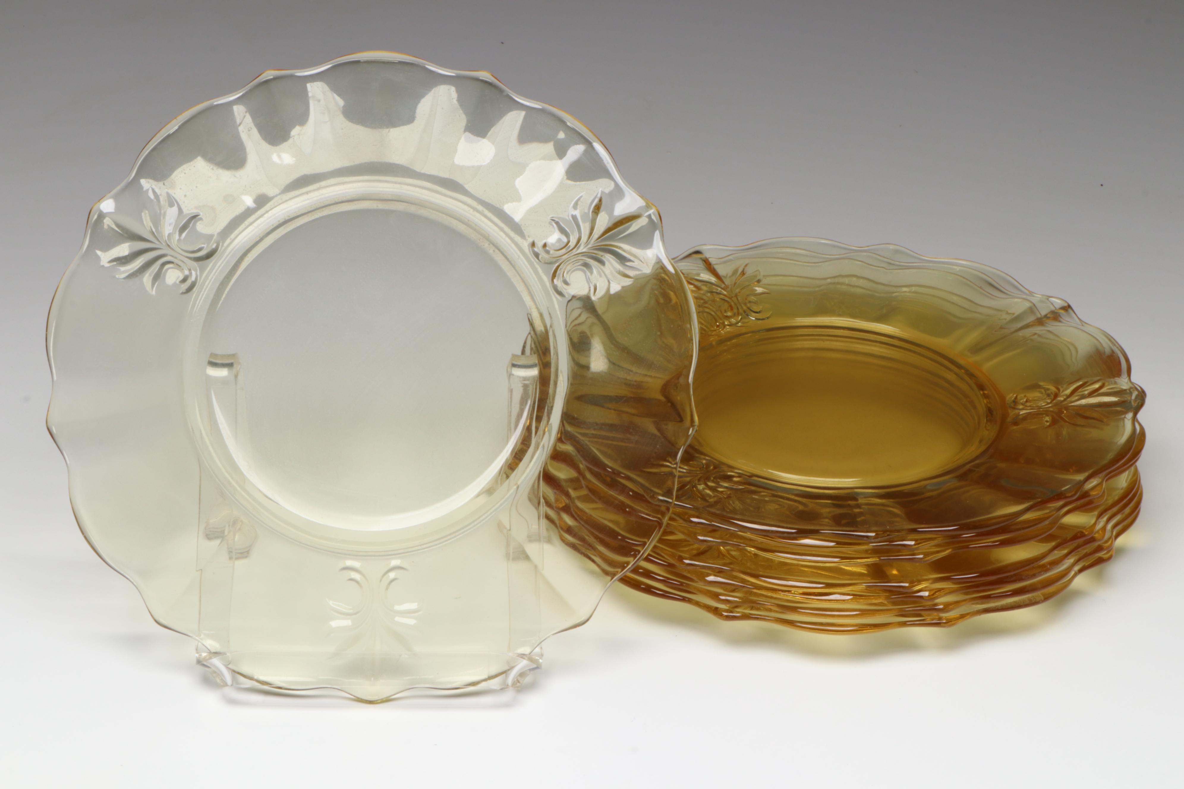Fostoria "Baroque Topaz" Glass Luncheon Plates with Glass Ice Tea Glasses