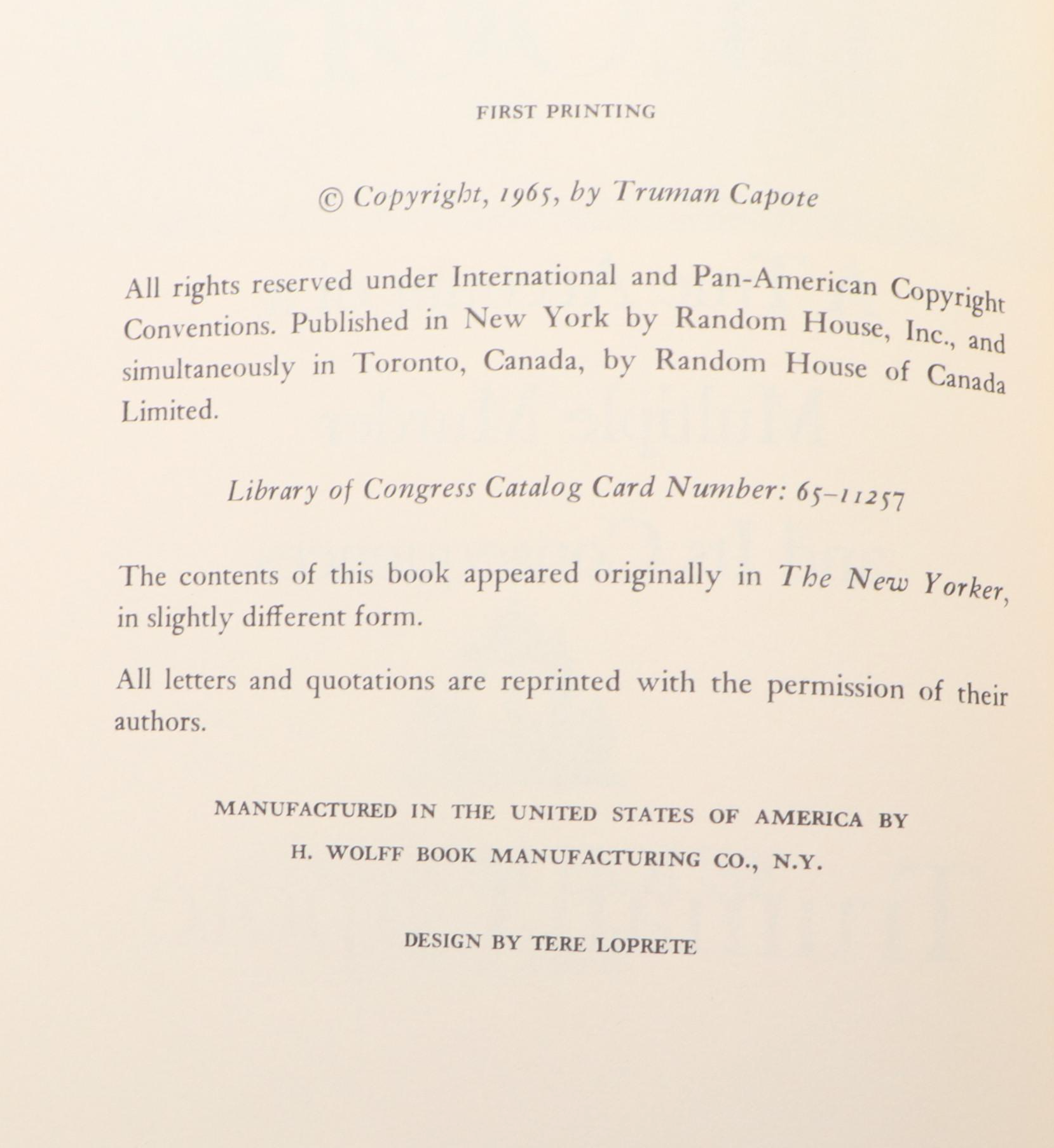 First Edition, First Printing "In Cold Blood" by Truman Capote, 1966