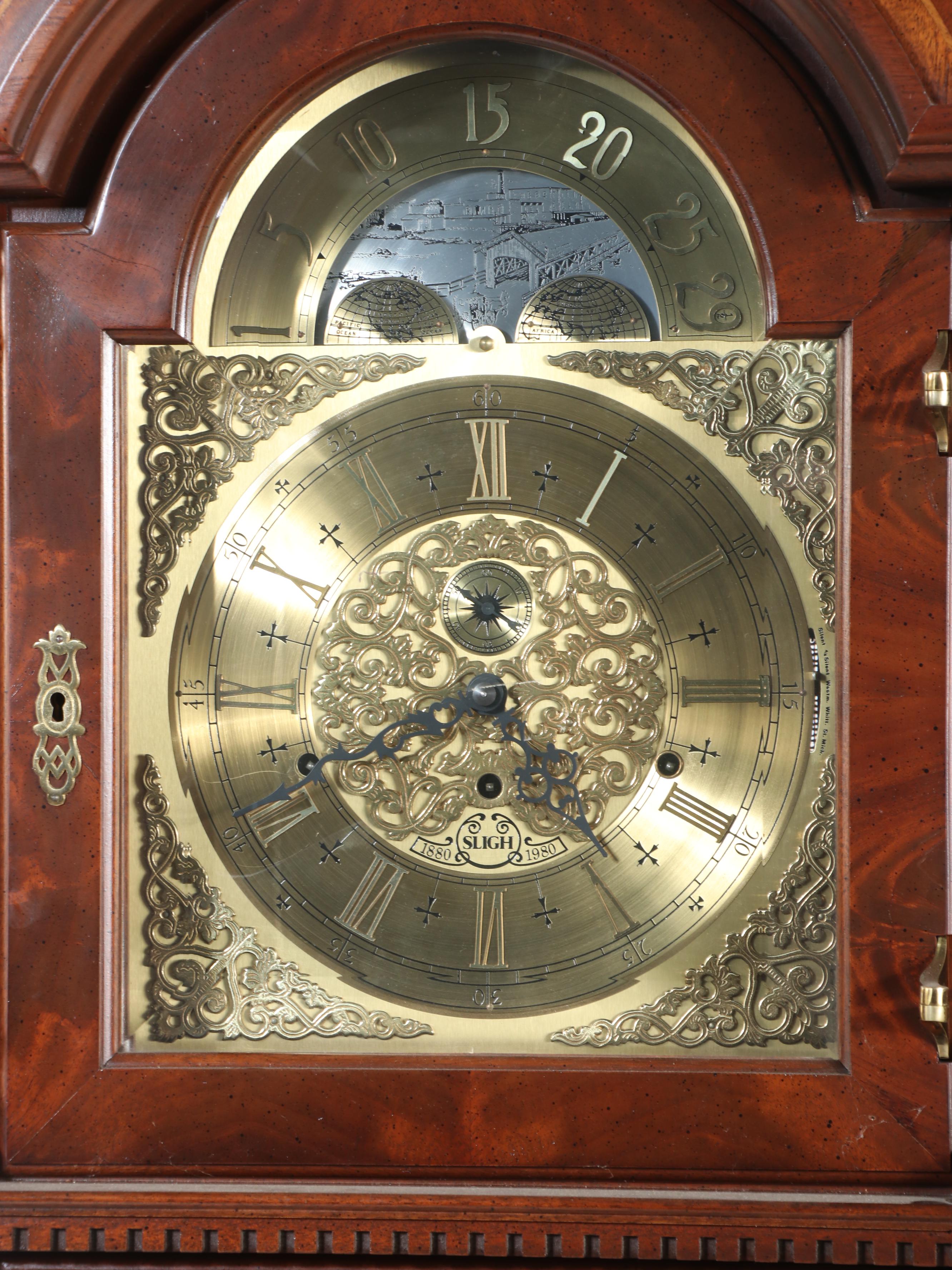 Sligh Georgian Style Inlaid Mahogany Grandfather Clock