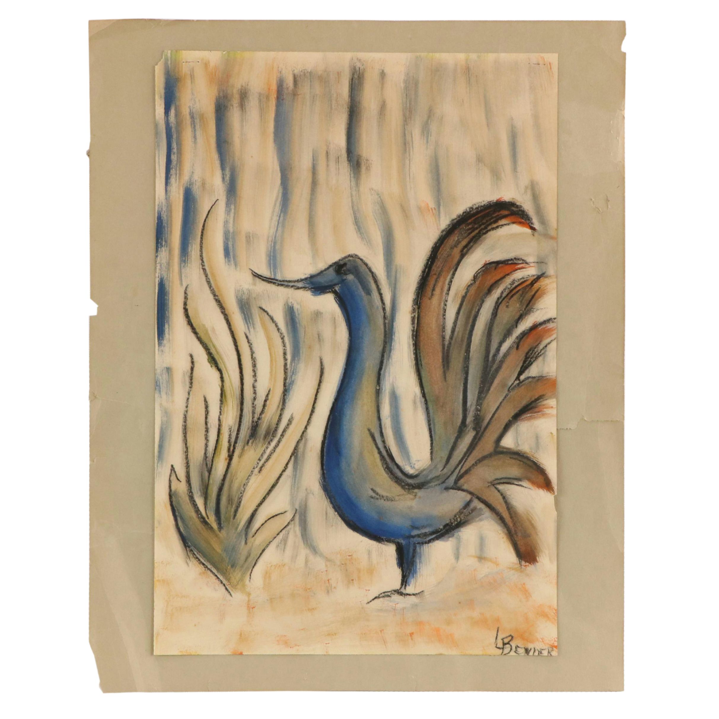Watercolor and Pastel Composition of Bird, Mid-to-Late 20th Century