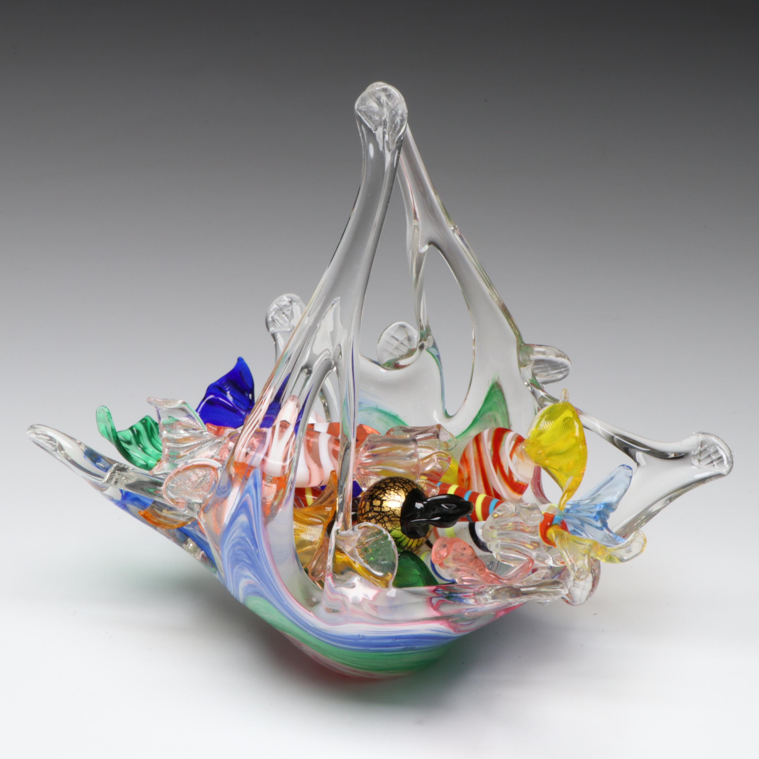 Murano Style Blown Glass Candy in Glass Basket