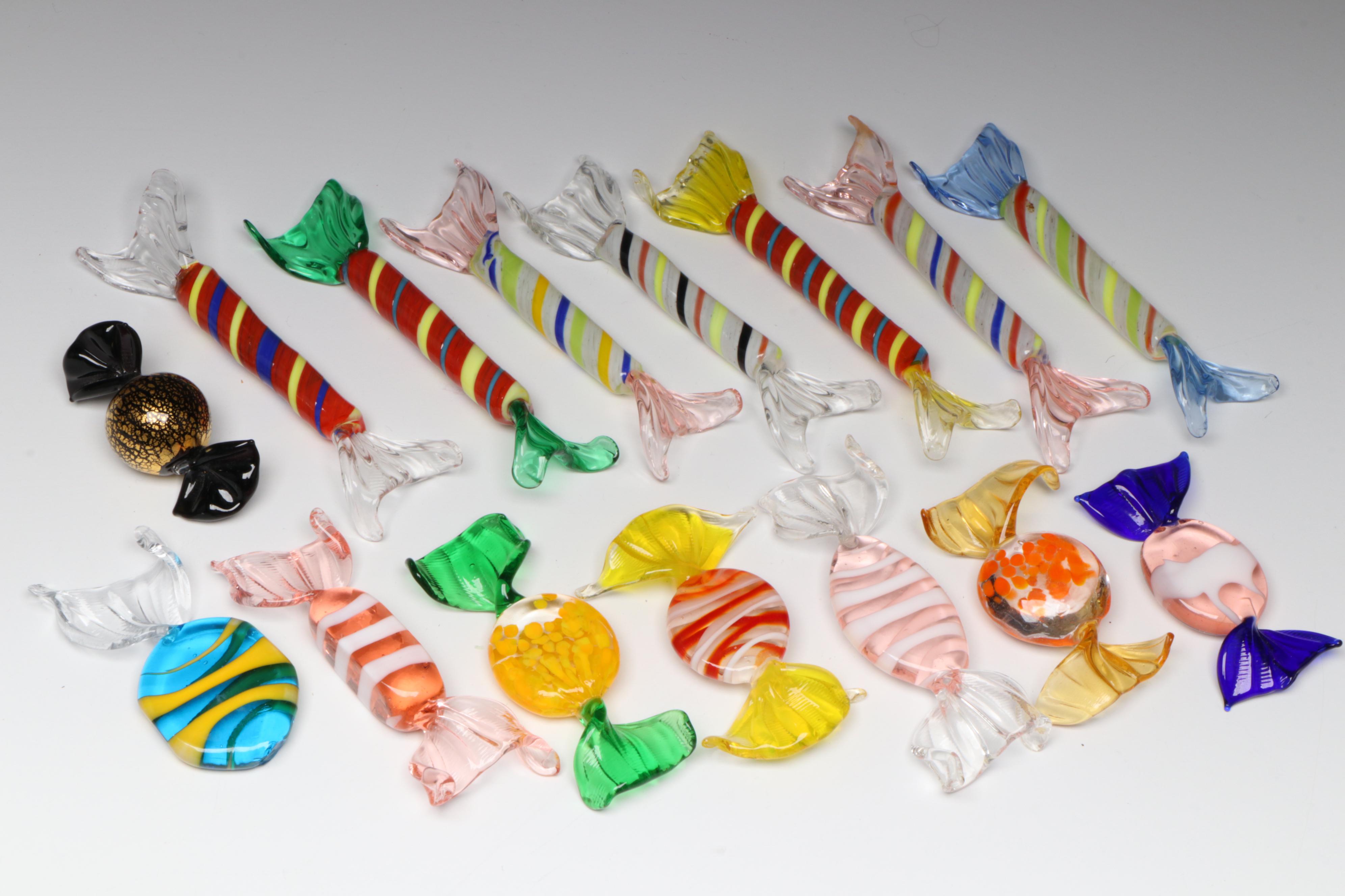 Murano Style Blown Glass Candy in Glass Basket