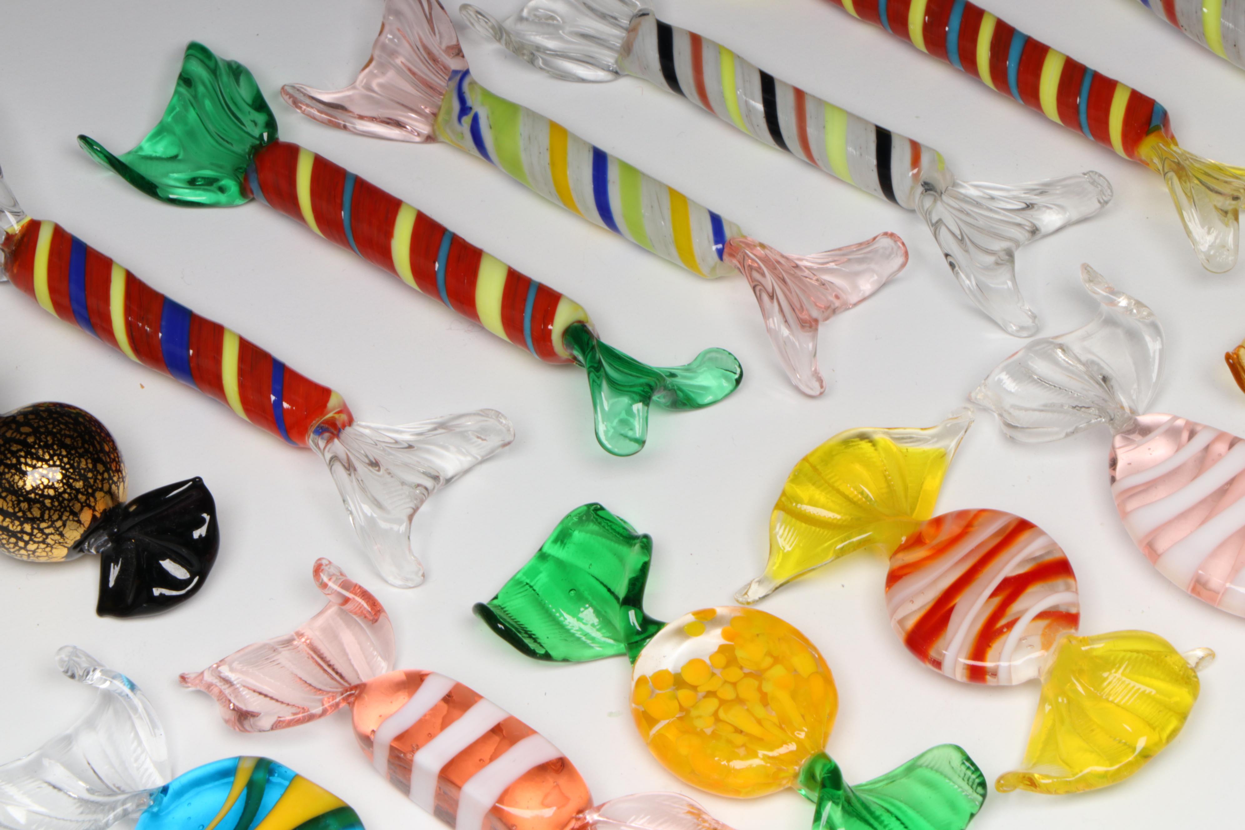 Murano Style Blown Glass Candy in Glass Basket