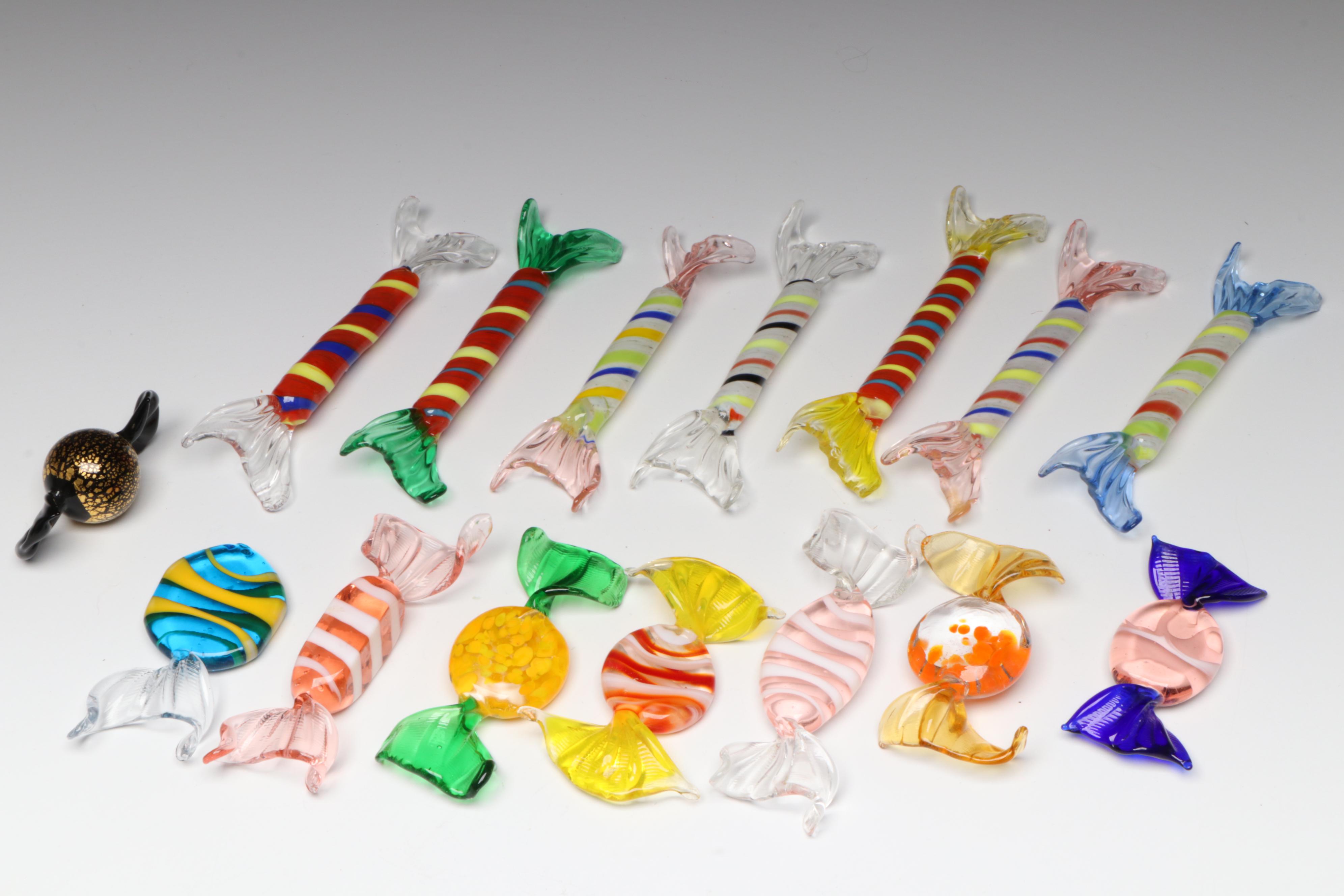 Murano Style Blown Glass Candy in Glass Basket