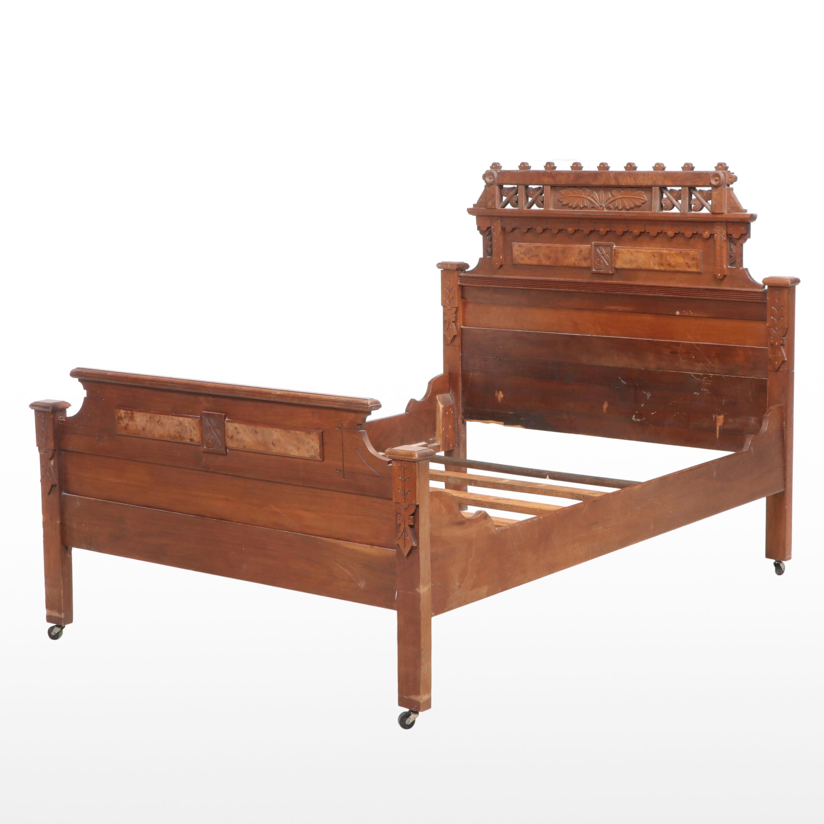 Victorian Walnut and Burl Walnut Bed Frame, Late 19th Century