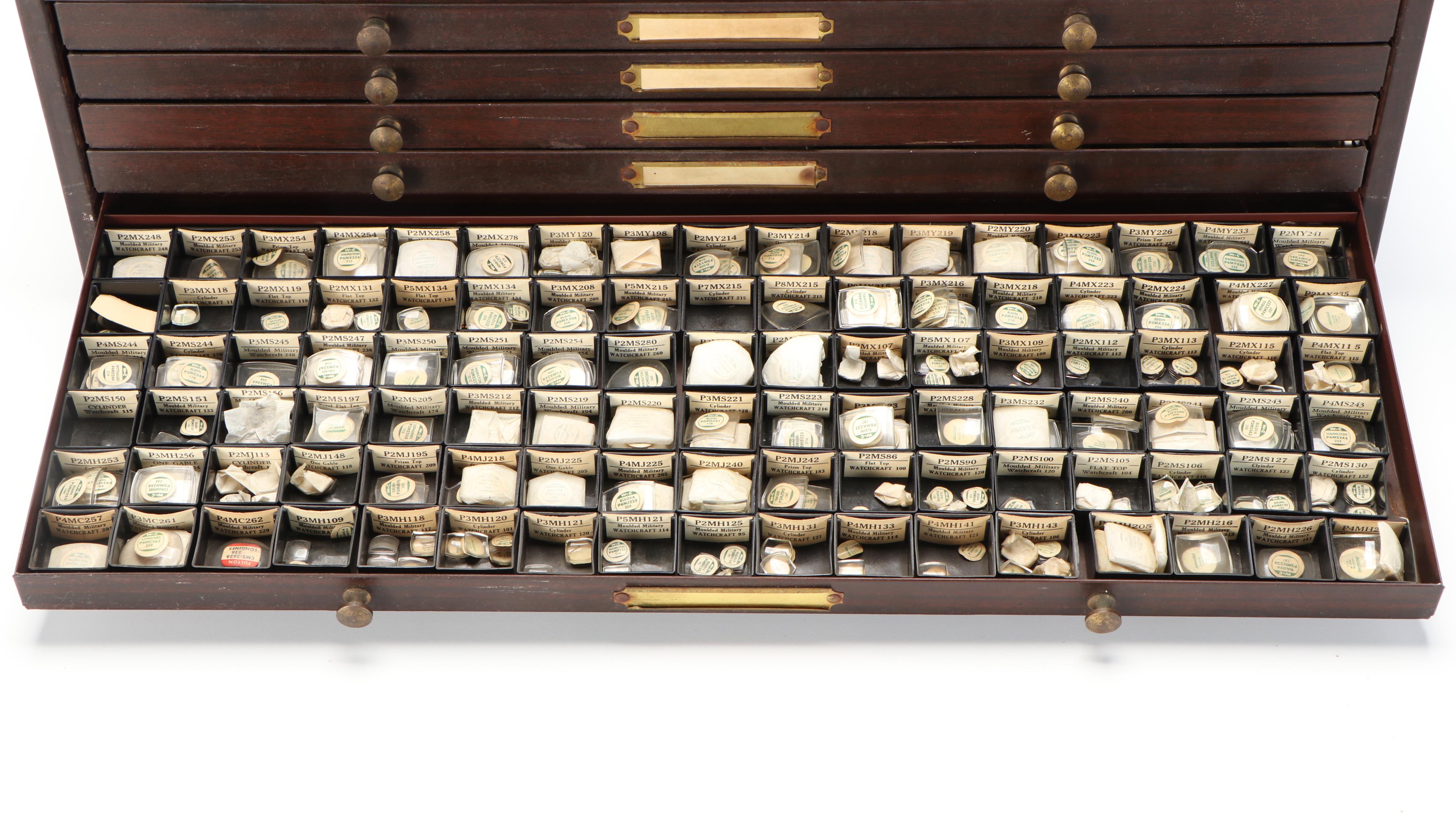 Vintage Watchmaker's Metal Crystal Cabinet by C&E Marshall