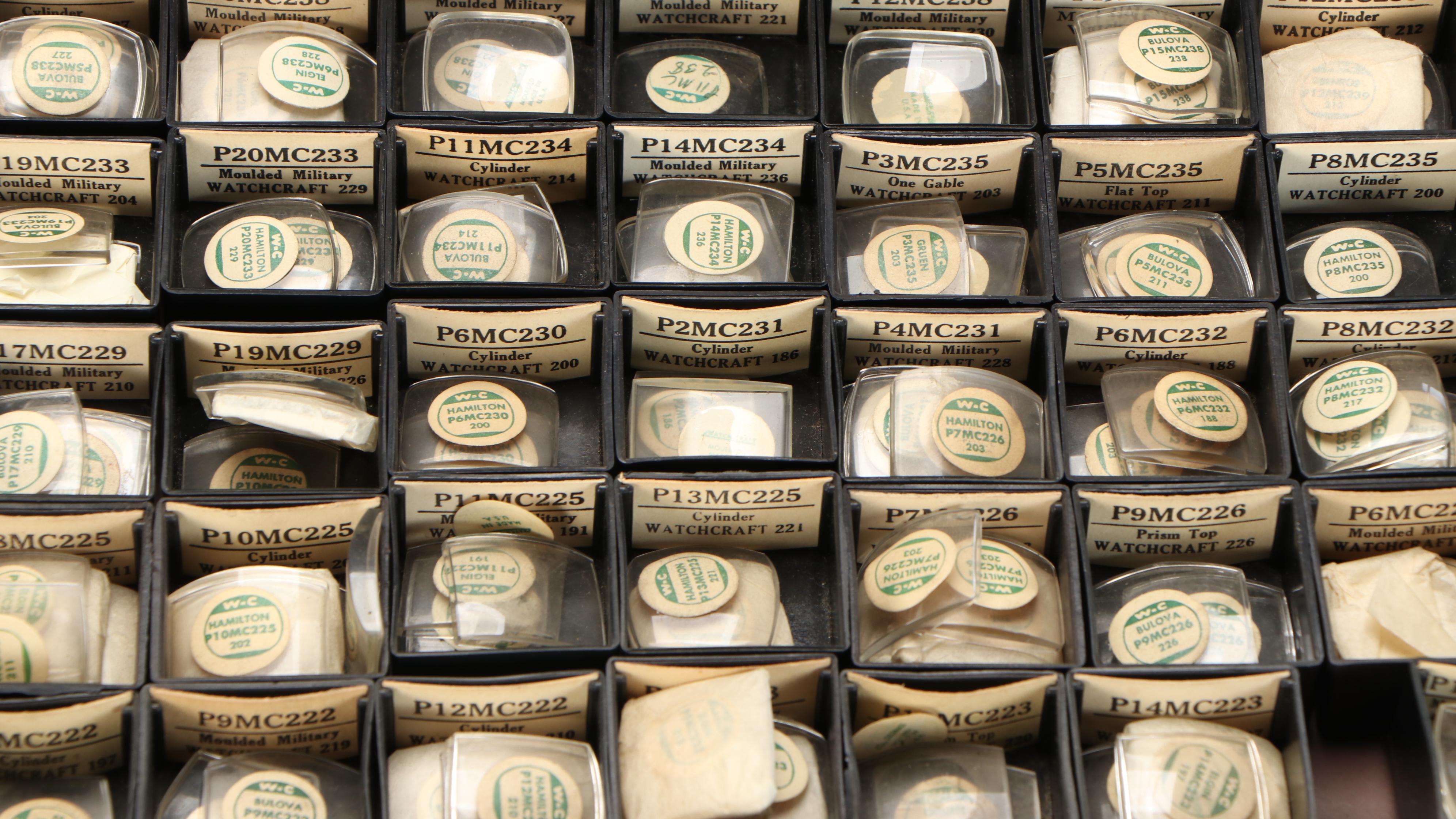 Vintage Watchmaker's Metal Crystal Cabinet by C&E Marshall