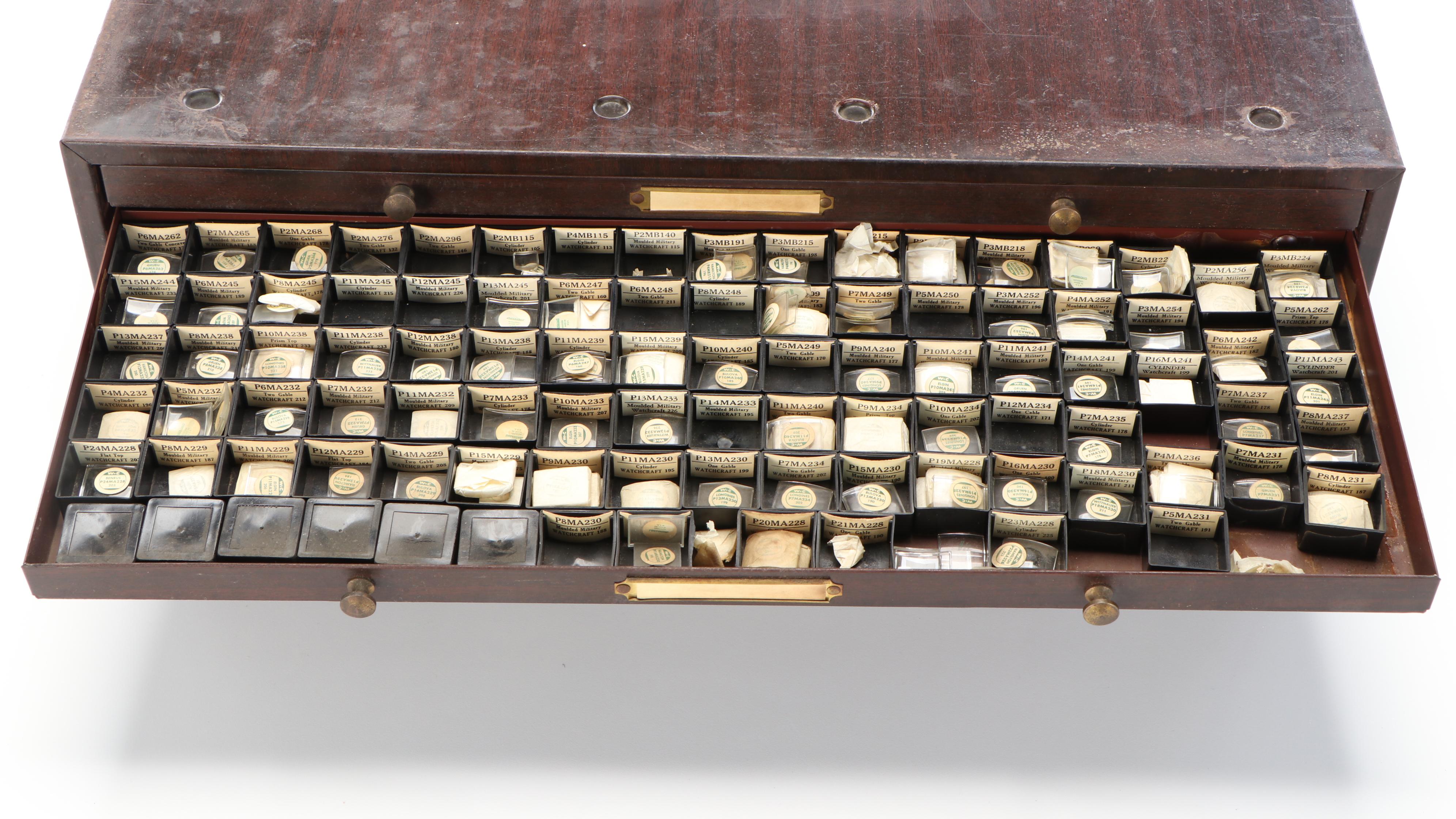 Vintage Watchmaker's Metal Crystal Cabinet by C&E Marshall