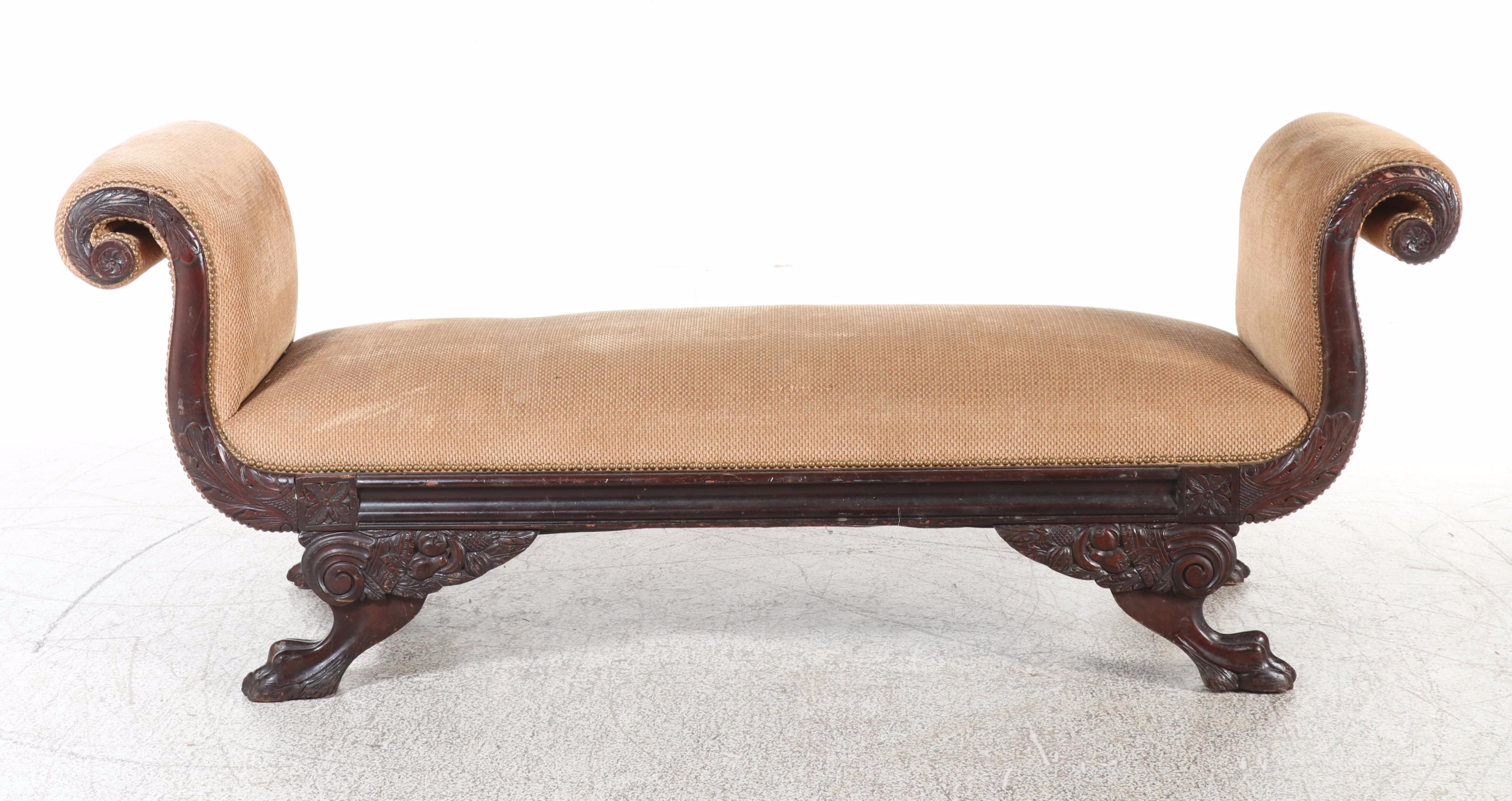 American Empire Revival Scrolled Arm Winged Paw Foot Bench, Late 19th Century