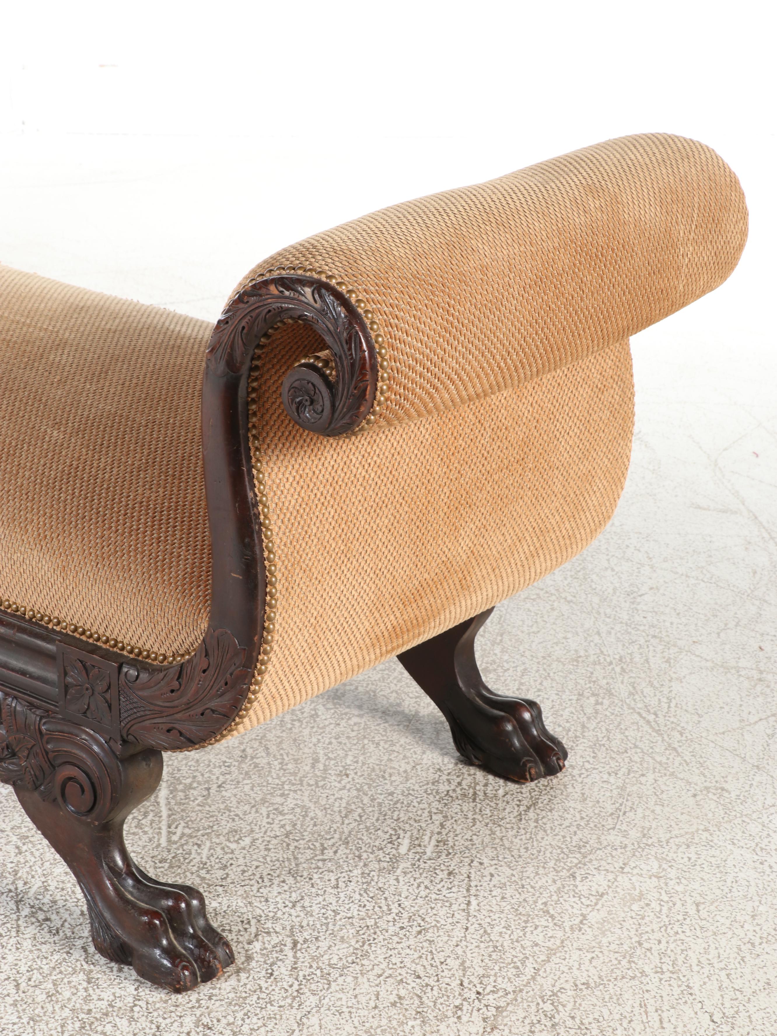 American Empire Revival Scrolled Arm Winged Paw Foot Bench, Late 19th Century