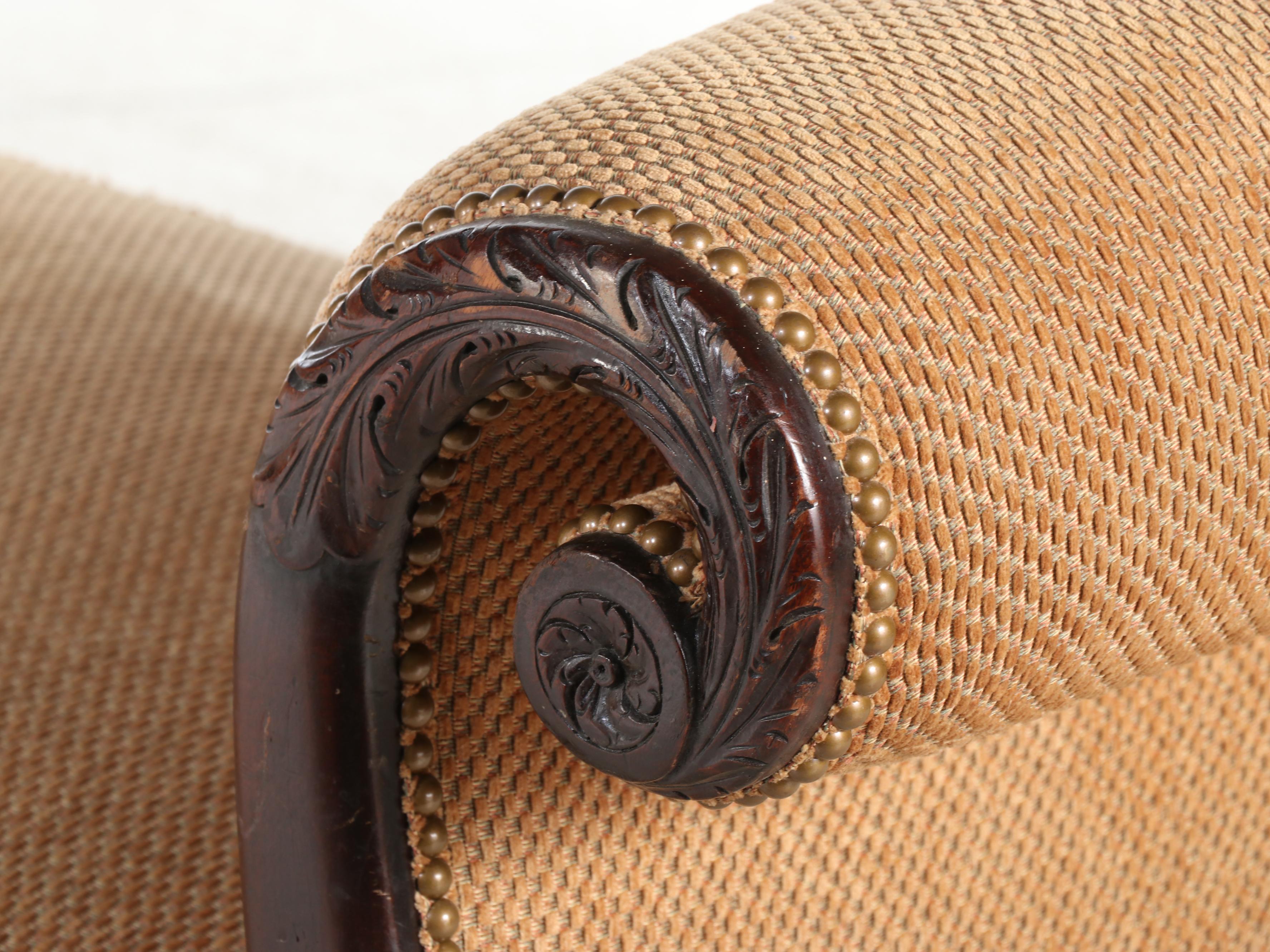 American Empire Revival Scrolled Arm Winged Paw Foot Bench, Late 19th Century