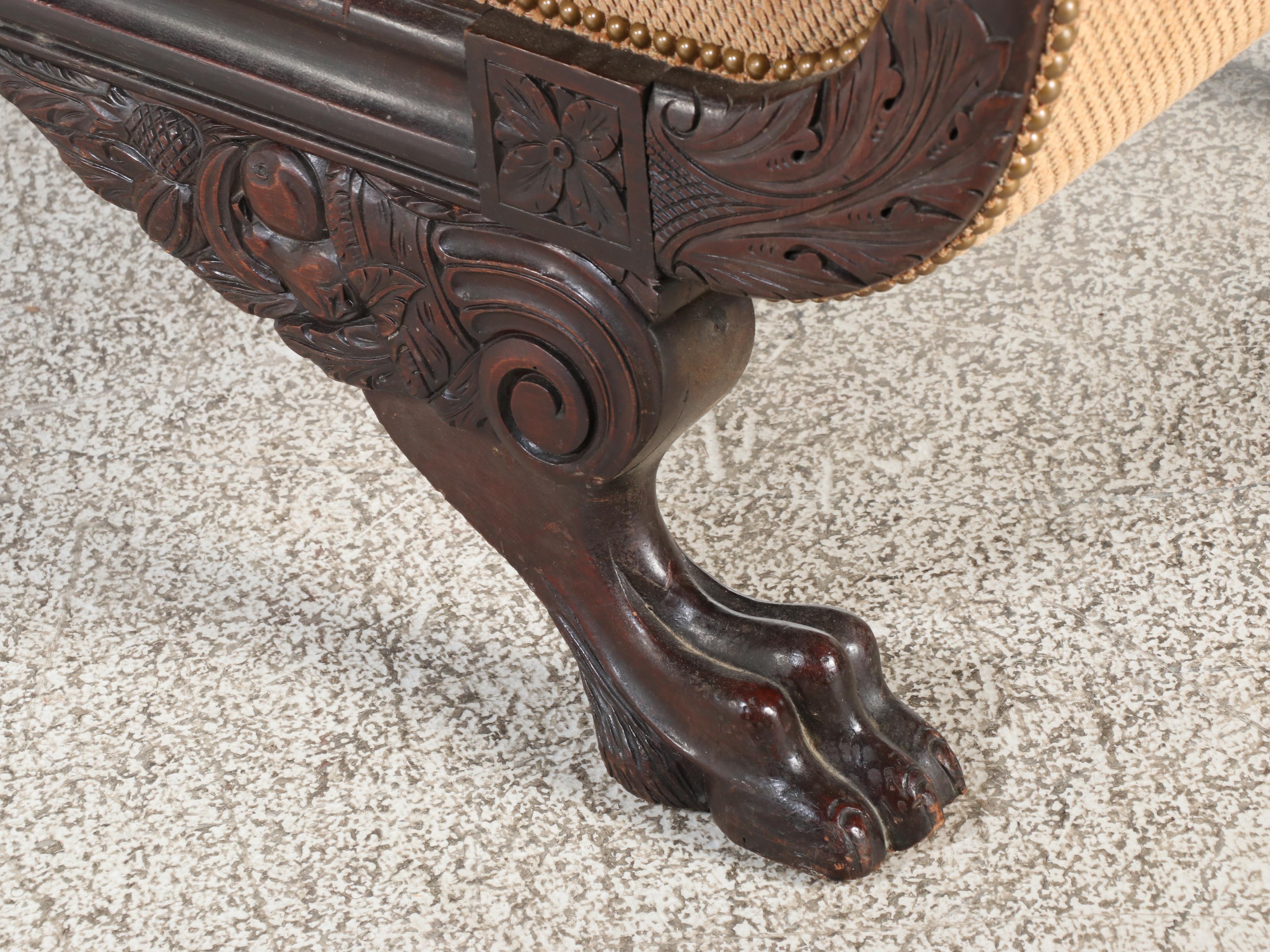 American Empire Revival Scrolled Arm Winged Paw Foot Bench, Late 19th Century