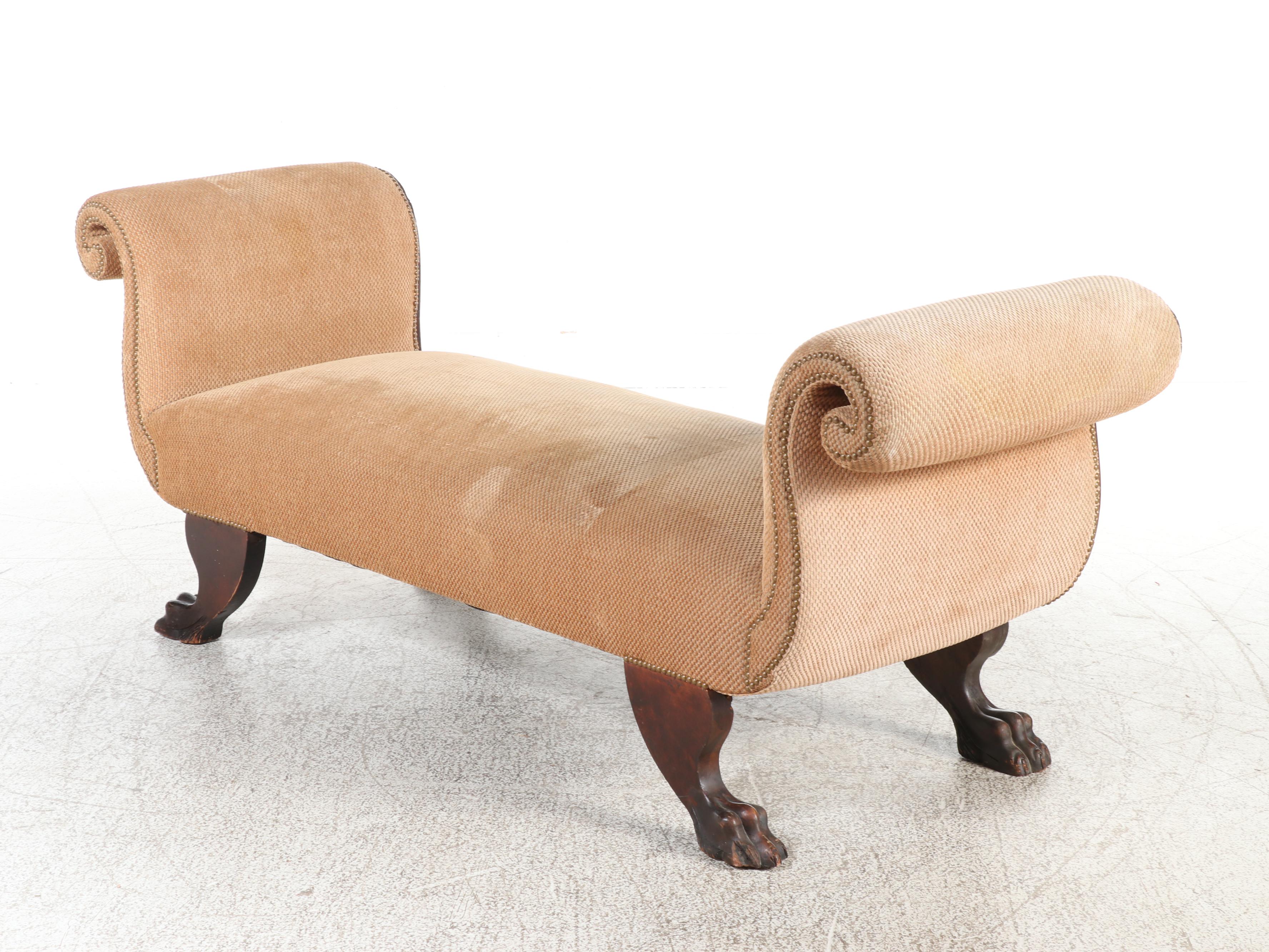 American Empire Revival Scrolled Arm Winged Paw Foot Bench, Late 19th Century