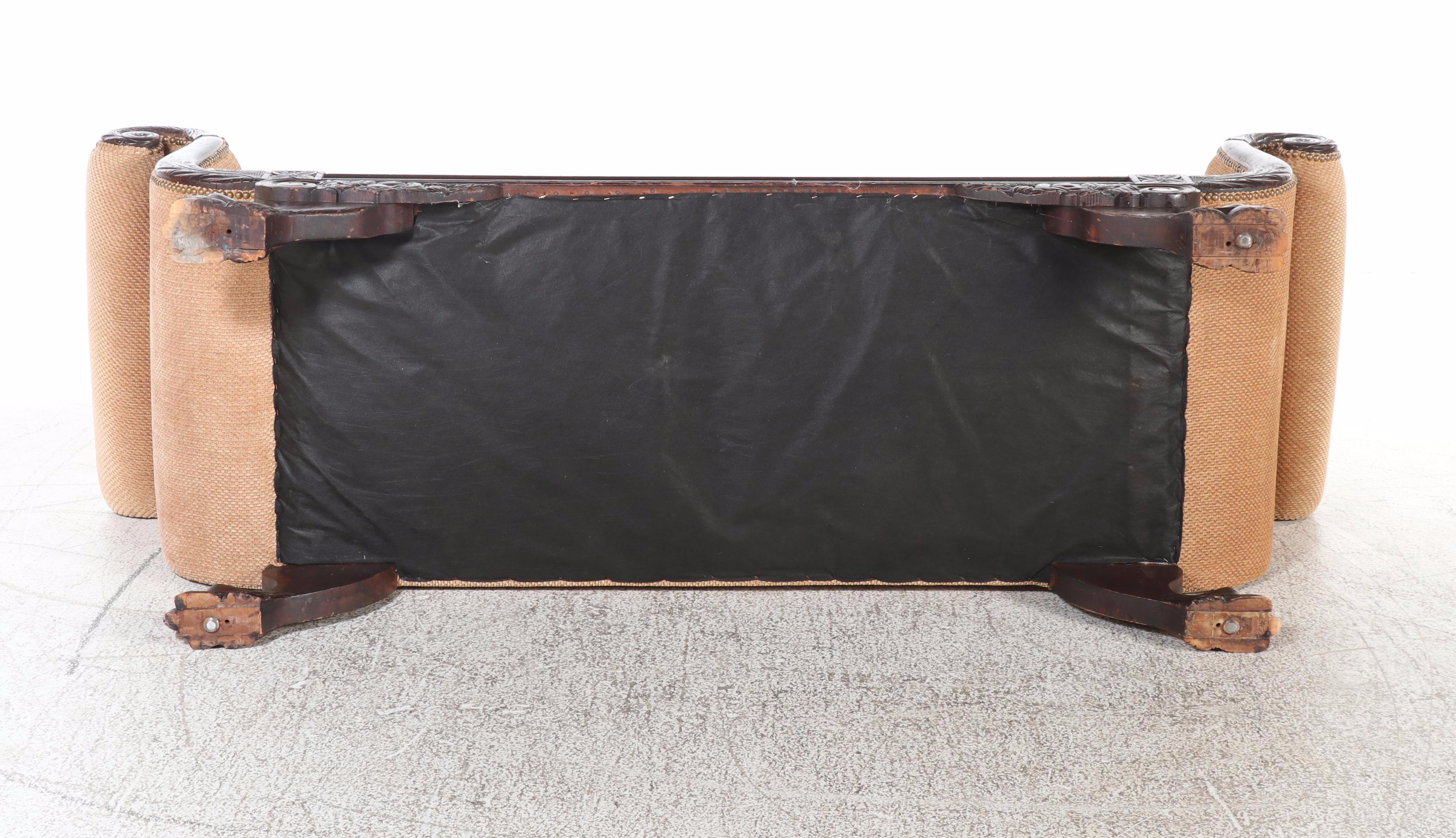 American Empire Revival Scrolled Arm Winged Paw Foot Bench, Late 19th Century